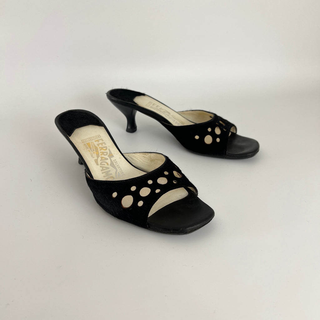 Ferragamo | Black Cow Hair Round Cut Out Mid Heel Mules (6.5 / EU 36.5)