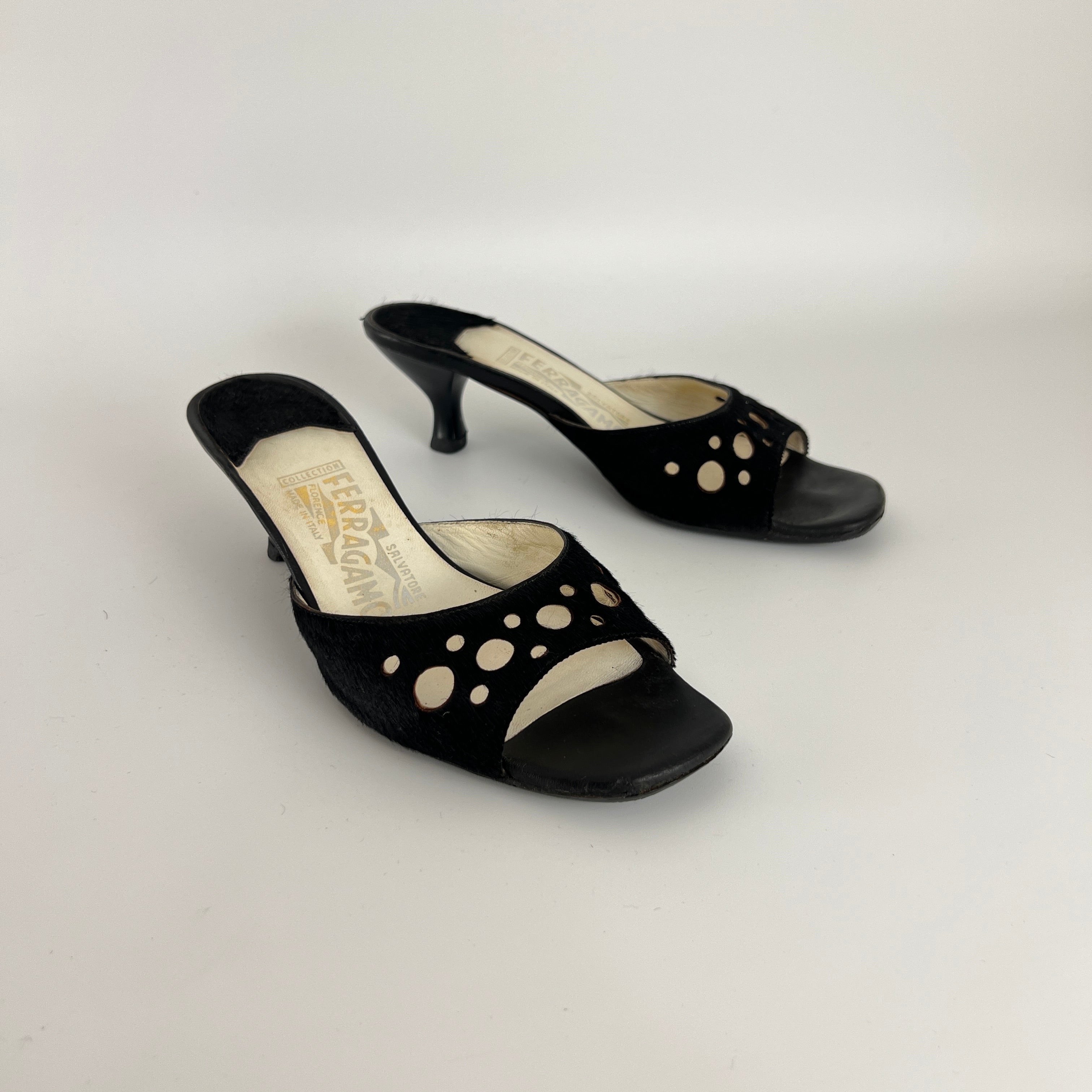 Ferragamo | Black Cow Hair Round Cut Out Mid Heel Mules (6.5 / EU 36.5)
