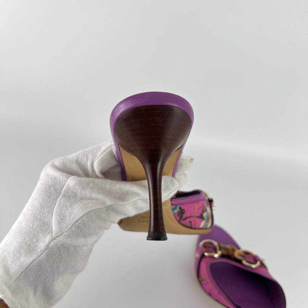 Gucci | Tom Ford Era Bamboo Horsebit Purple Canvas Mules (36C)
