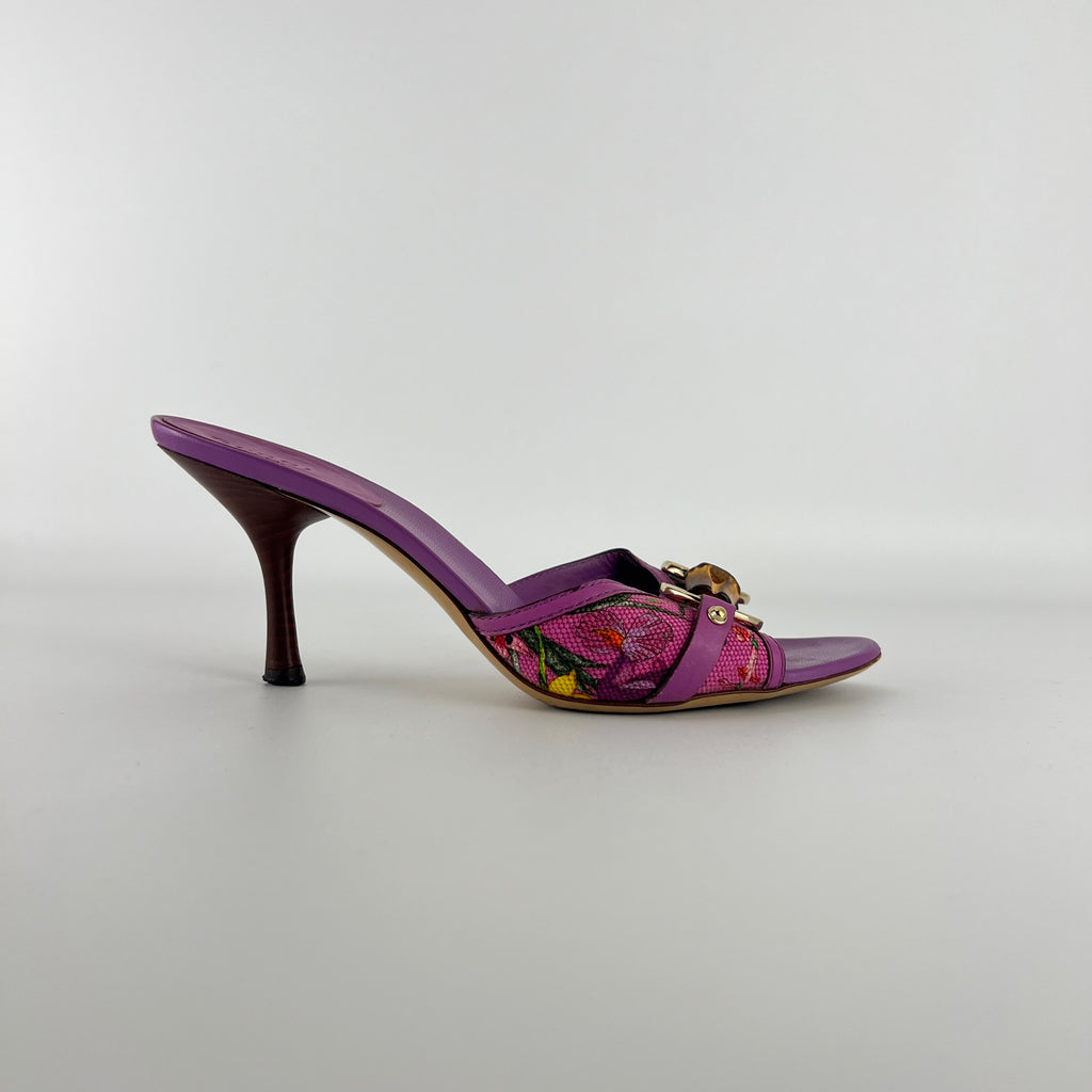 Gucci | Tom Ford Era Bamboo Horsebit Purple Canvas Mules (36C)