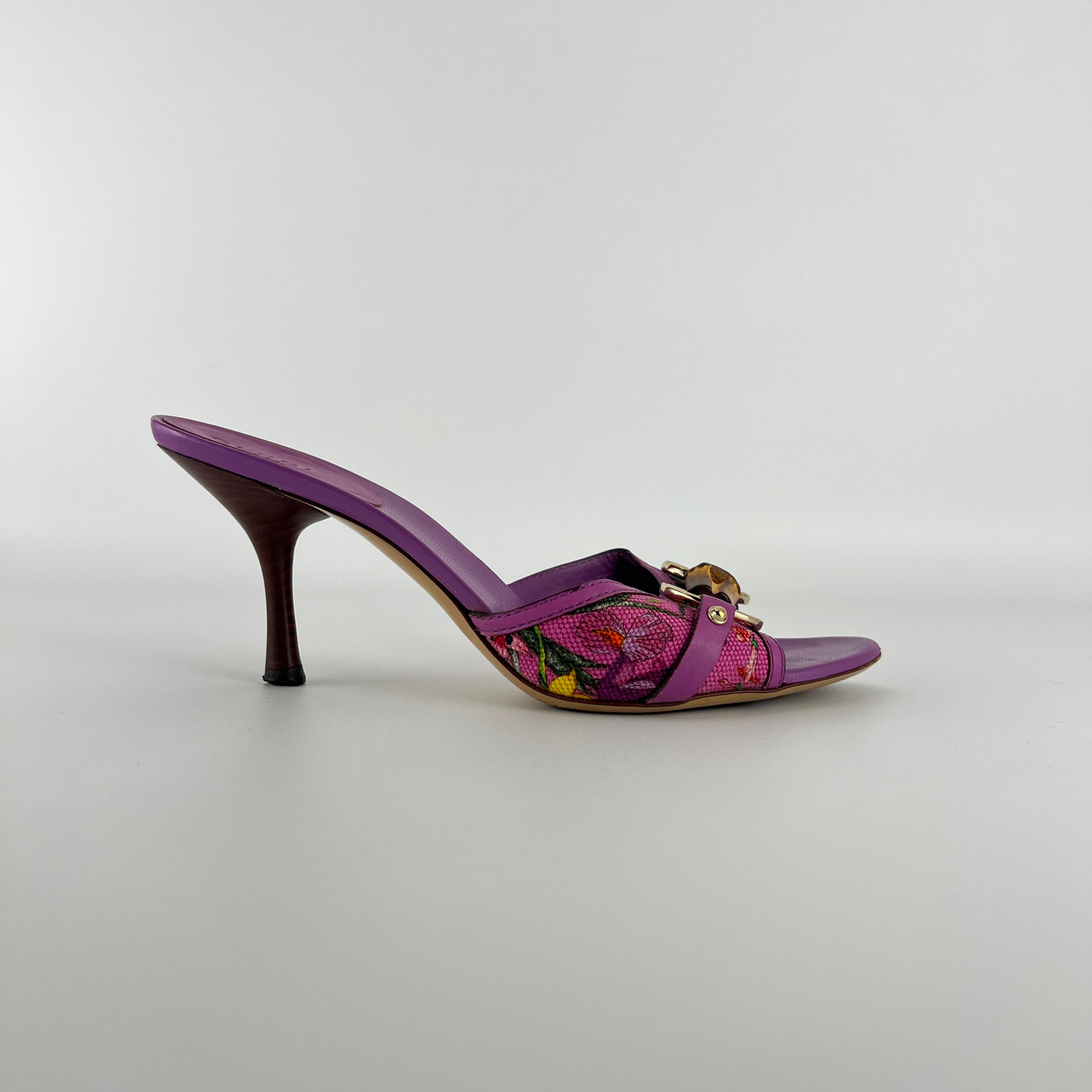 Gucci | Tom Ford Era Bamboo Horsebit Purple Canvas Mules (36C)