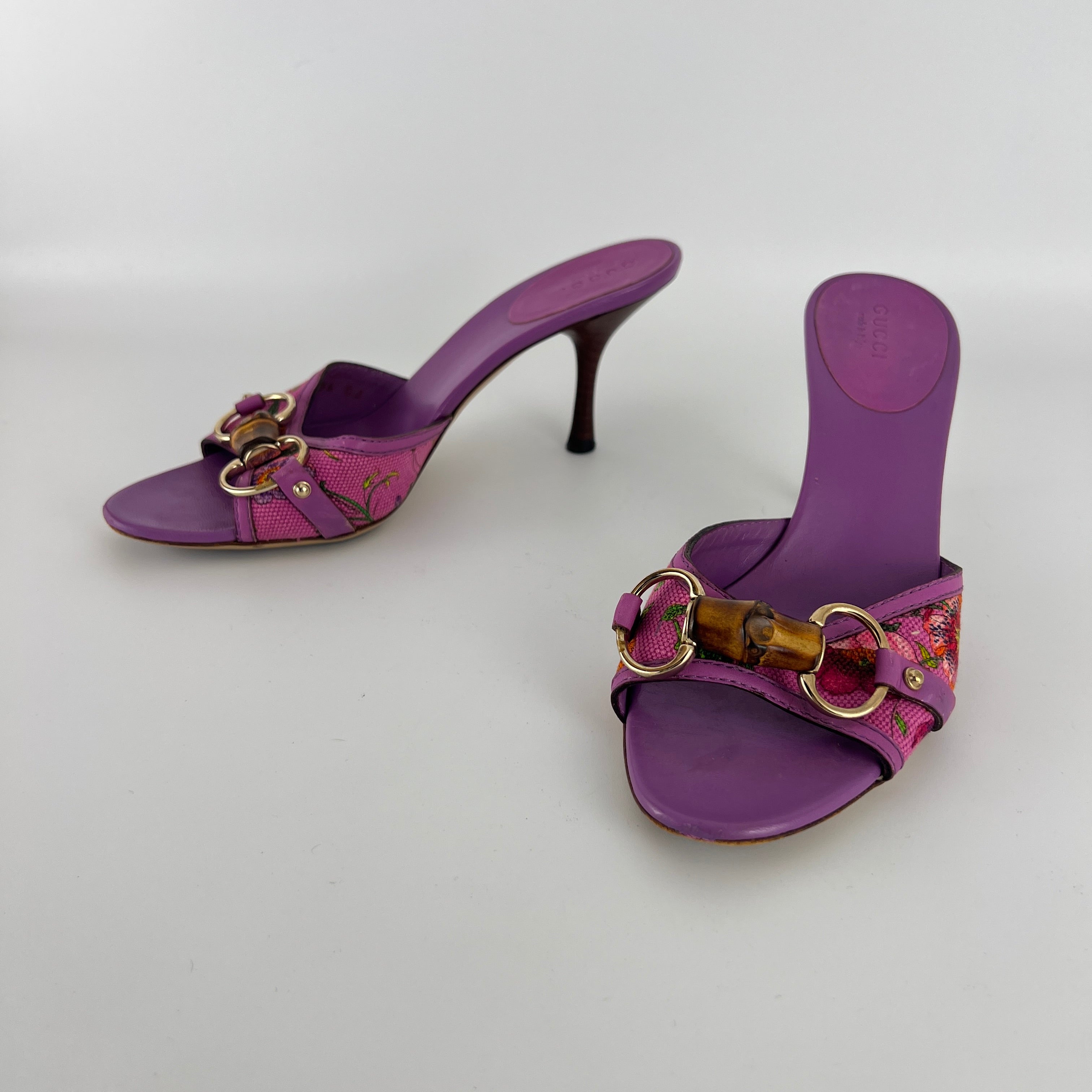 Gucci | Tom Ford Era Bamboo Horsebit Purple Canvas Mules (36C)