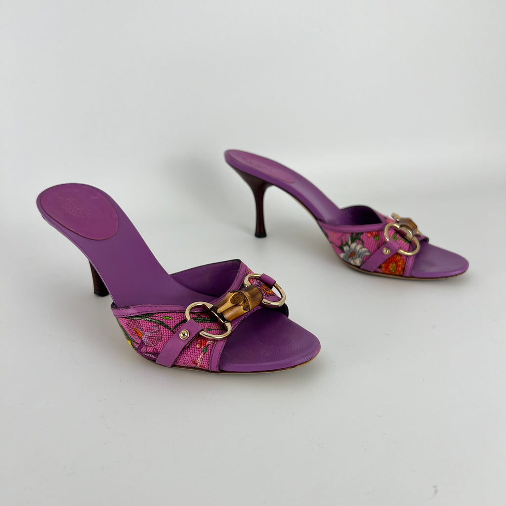 Gucci | Tom Ford Era Bamboo Horsebit Purple Canvas Mules (36C)