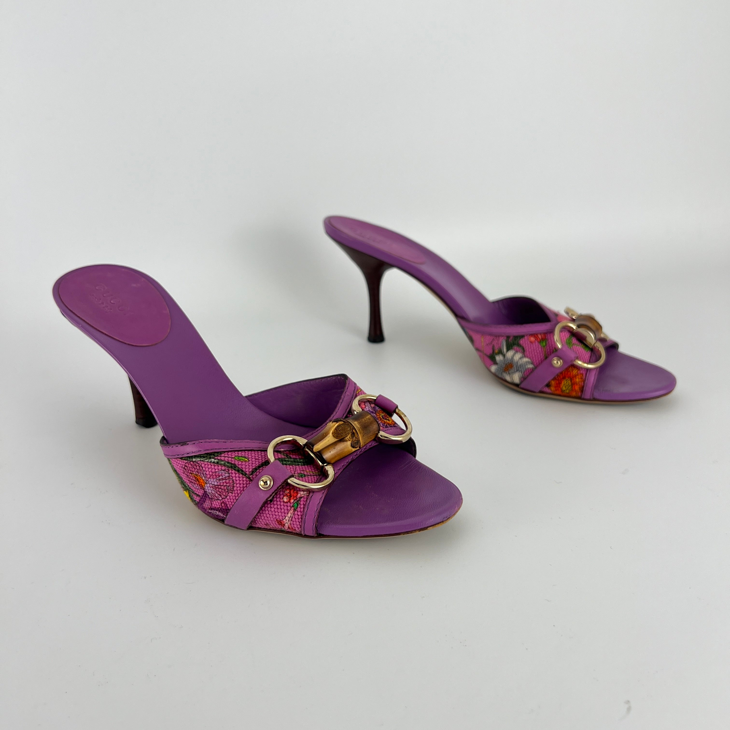 Gucci | Tom Ford Era Bamboo Horsebit Purple Canvas Mules (36C)