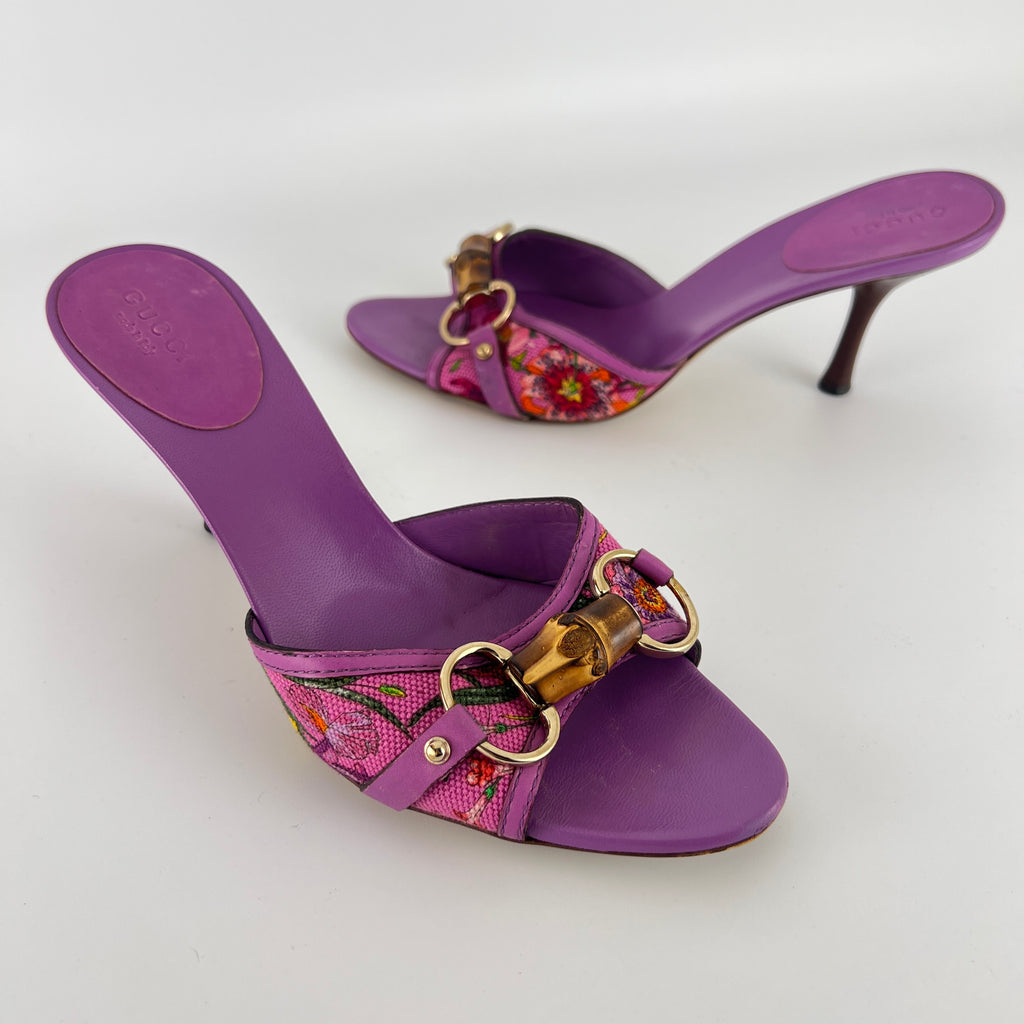 Gucci | Tom Ford Era Bamboo Horsebit Purple Canvas Mules (36C)