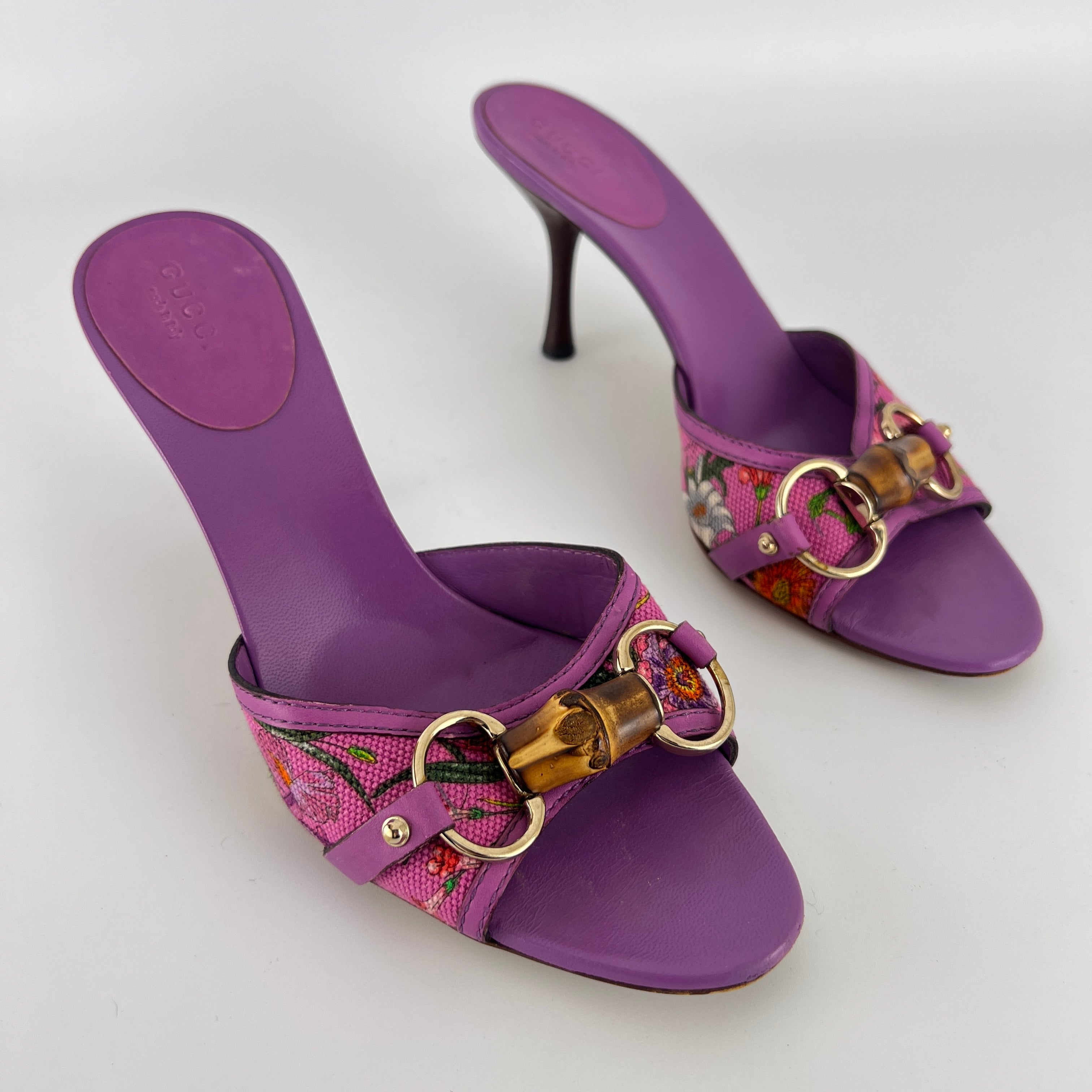 Gucci | Tom Ford Era Bamboo Horsebit Purple Canvas Mules (36C)