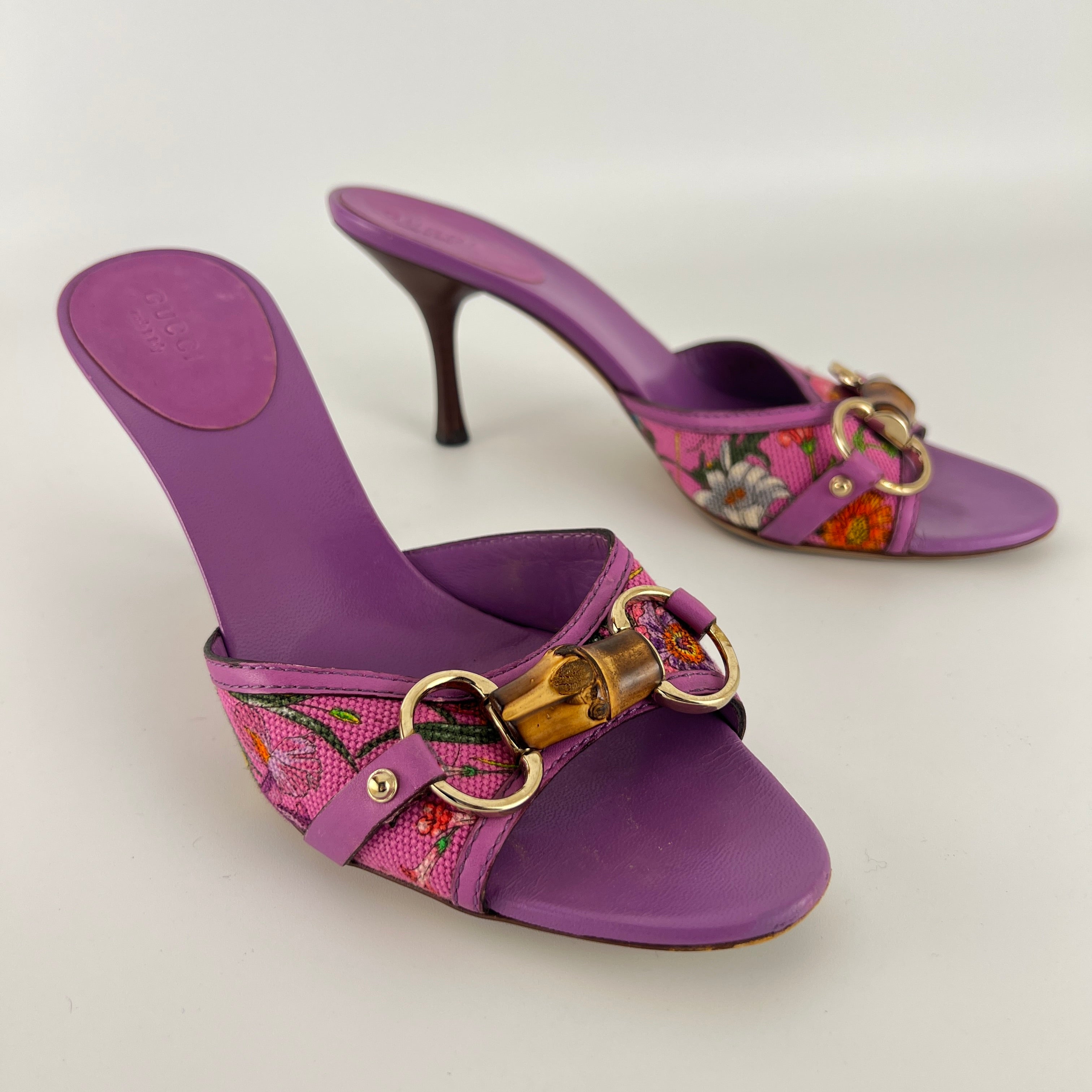 Gucci | Tom Ford Era Bamboo Horsebit Purple Canvas Mules (36C)
