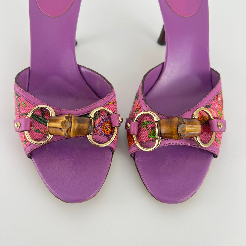 Gucci | Tom Ford Era Bamboo Horsebit Purple Canvas Mules (36C)