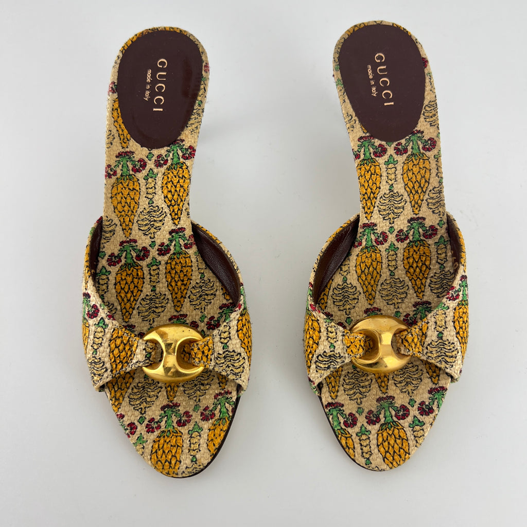 Gucci | Y2K Pigna Pineapple Tropical Gold Hardware Mid Heel Mules (34.5)