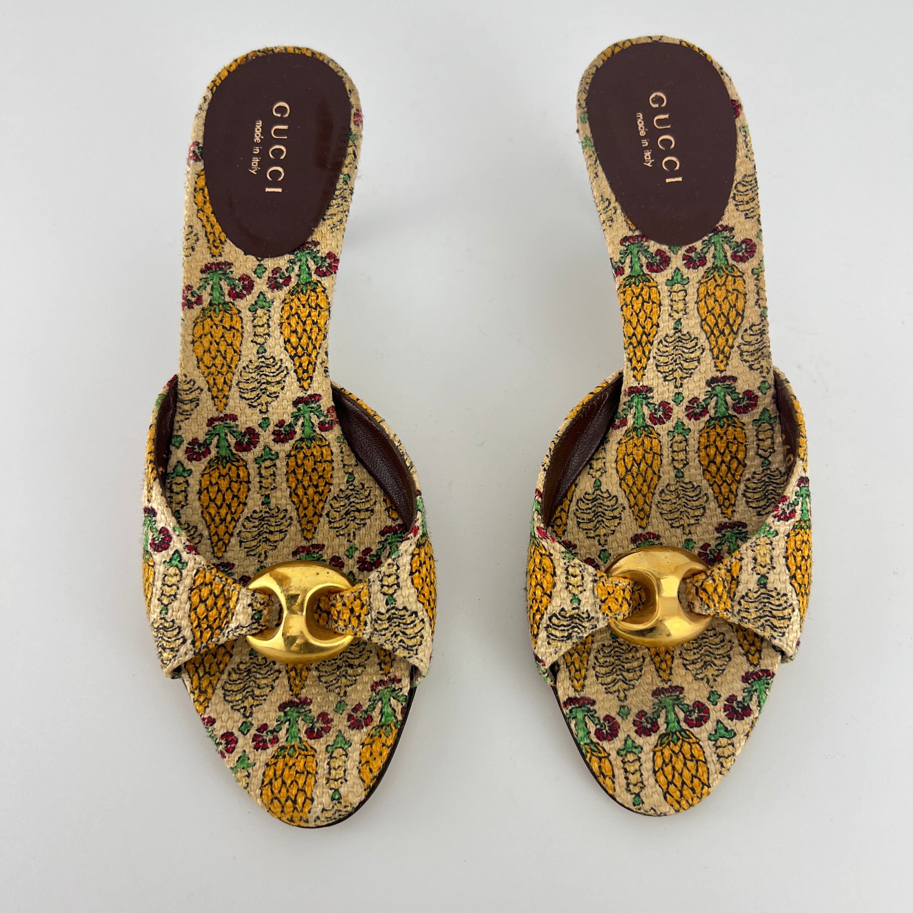 Gucci | Y2K Pigna Pineapple Tropical Gold Hardware Mid Heel Mules (34.5)