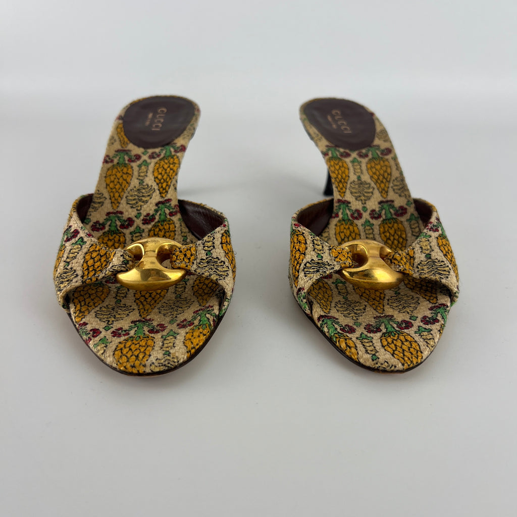 Gucci | Y2K Pigna Pineapple Tropical Gold Hardware Mid Heel Mules (34.5)