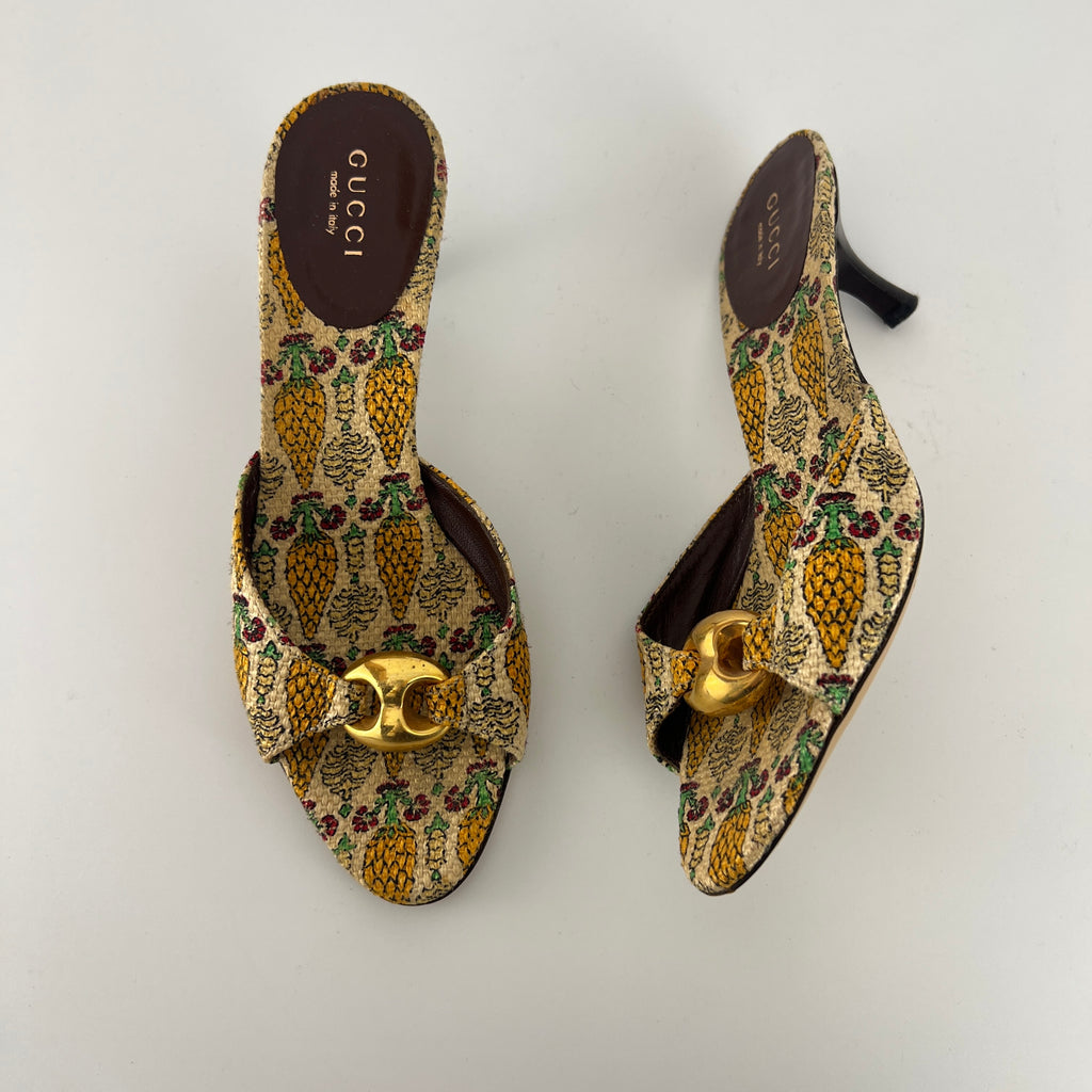 Gucci | Y2K Pigna Pineapple Tropical Gold Hardware Mid Heel Mules (34.5)