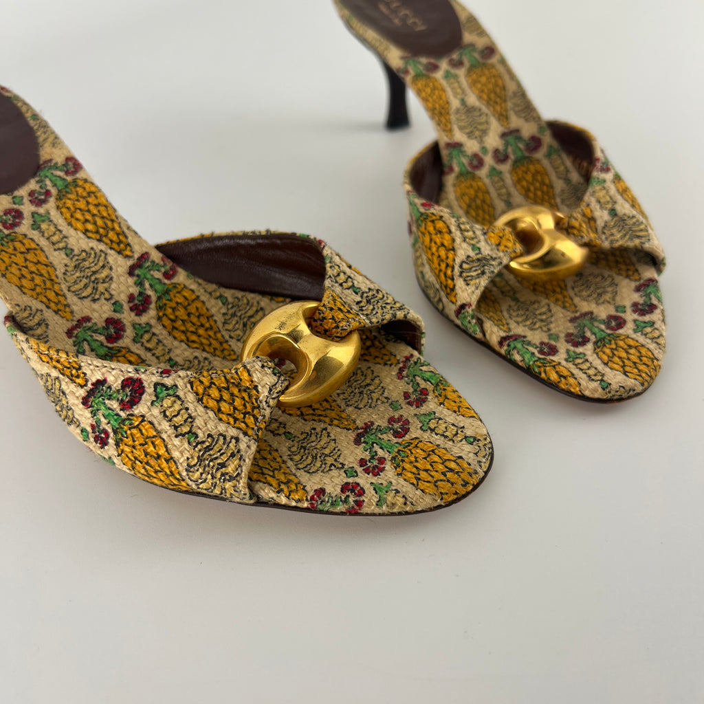 Gucci | Y2K Pigna Pineapple Tropical Gold Hardware Mid Heel Mules (34.5)