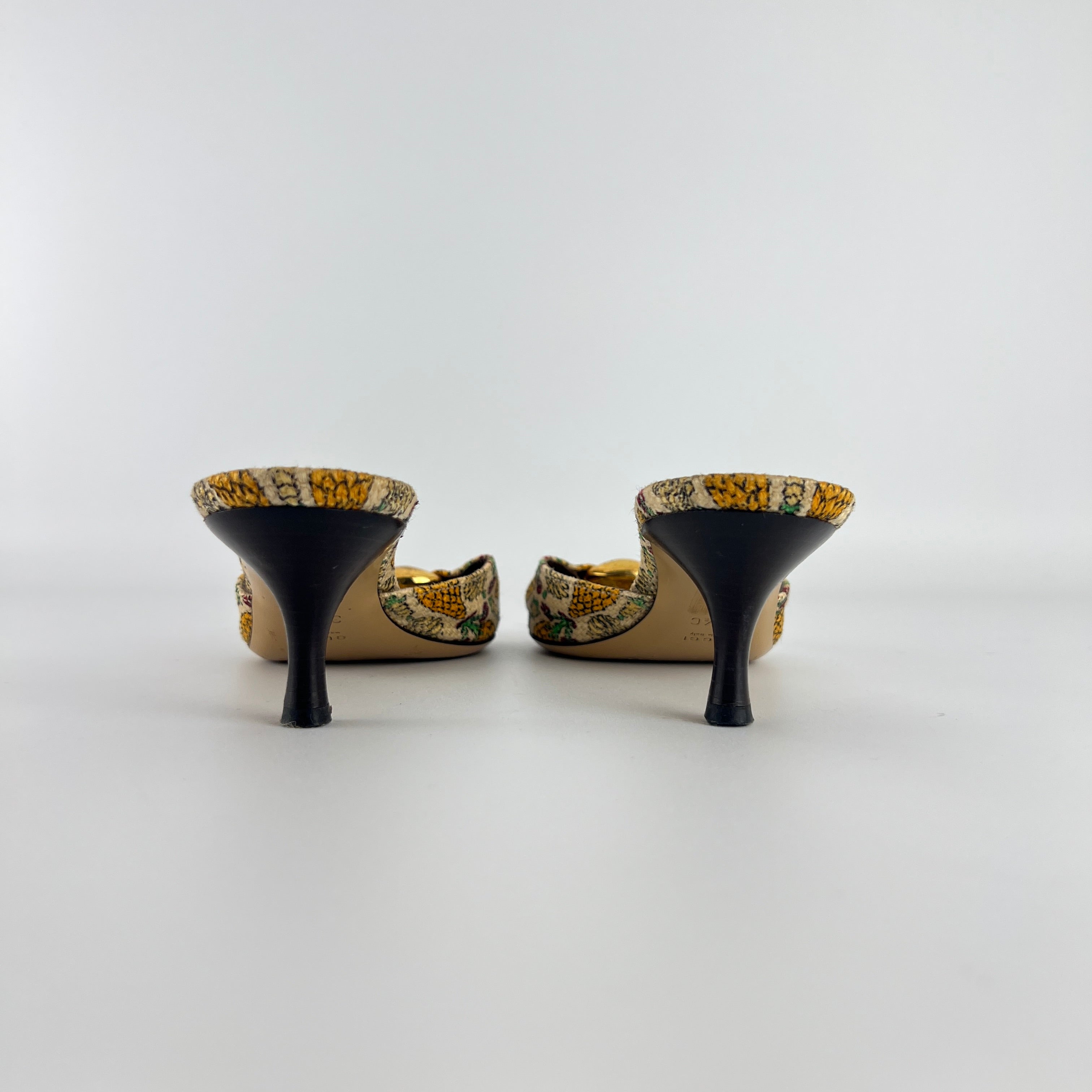 Gucci | Y2K Pigna Pineapple Tropical Gold Hardware Mid Heel Mules (34.5)