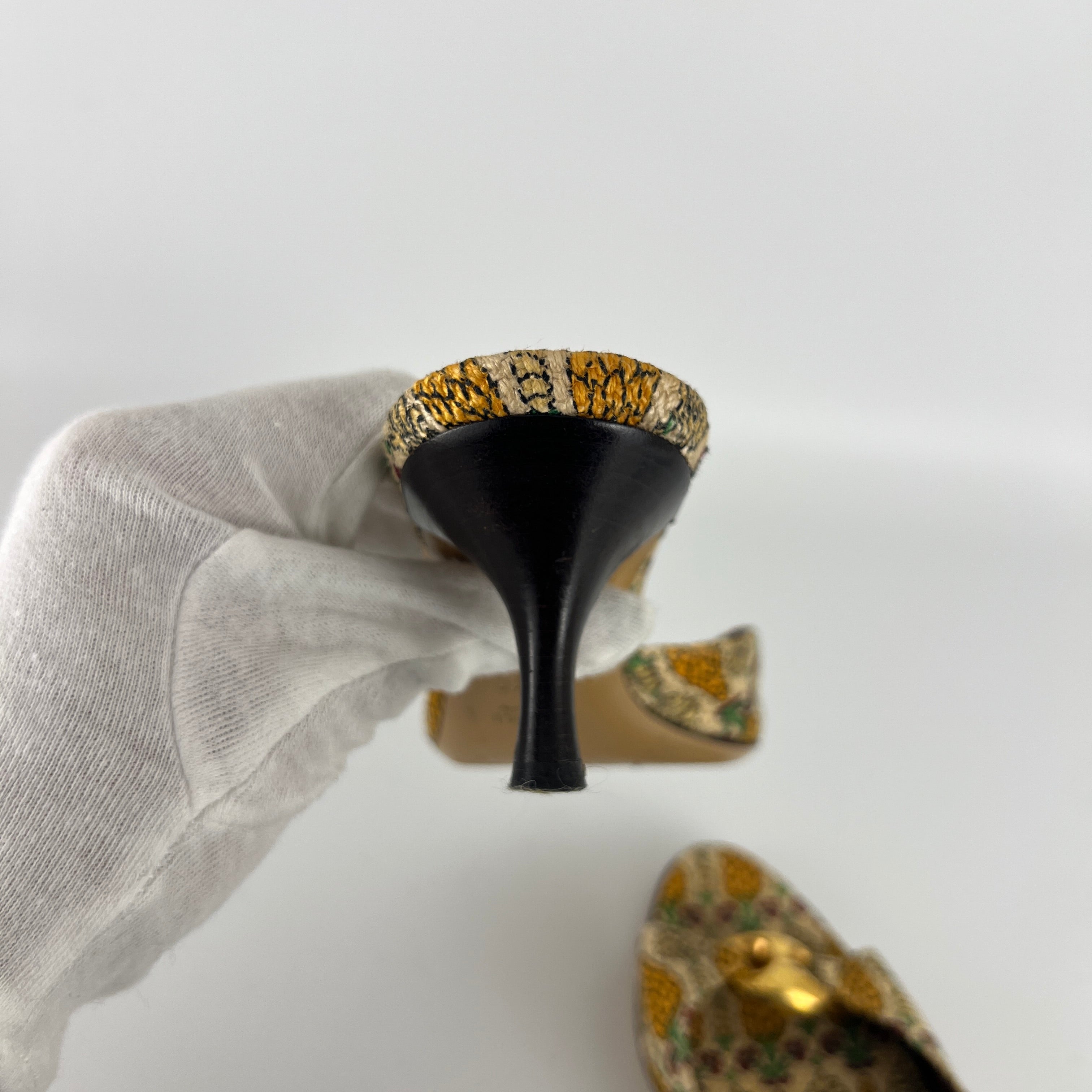 Gucci | Y2K Pigna Pineapple Tropical Gold Hardware Mid Heel Mules (34.5)