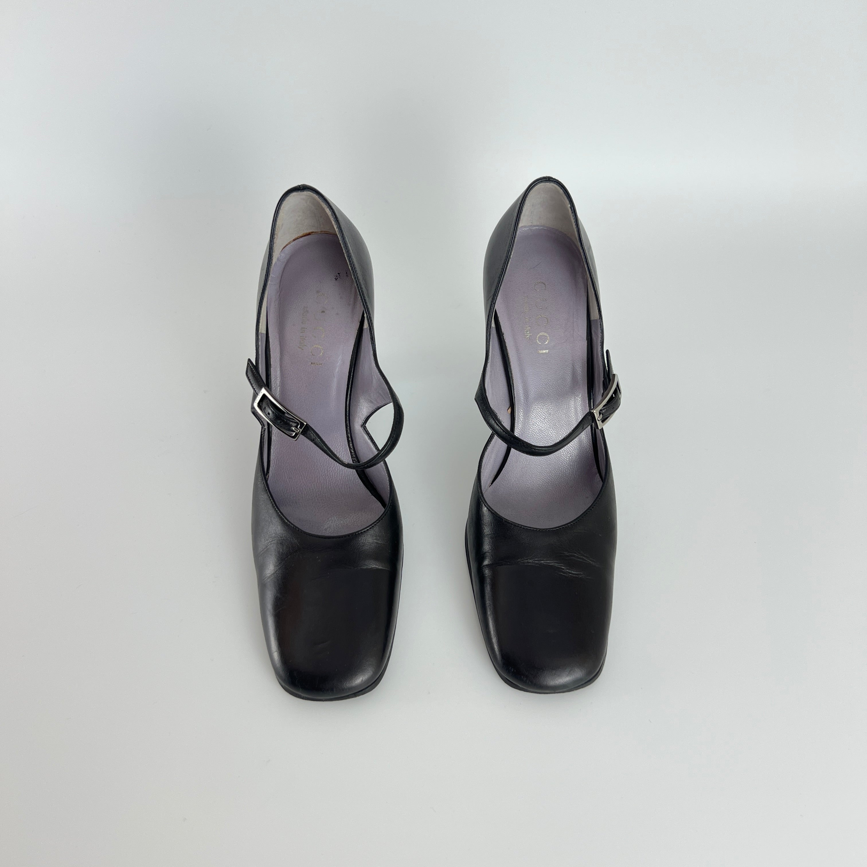 Gucci | Black Calf Leather Mary Jane Silver Buckle Heels (37C)