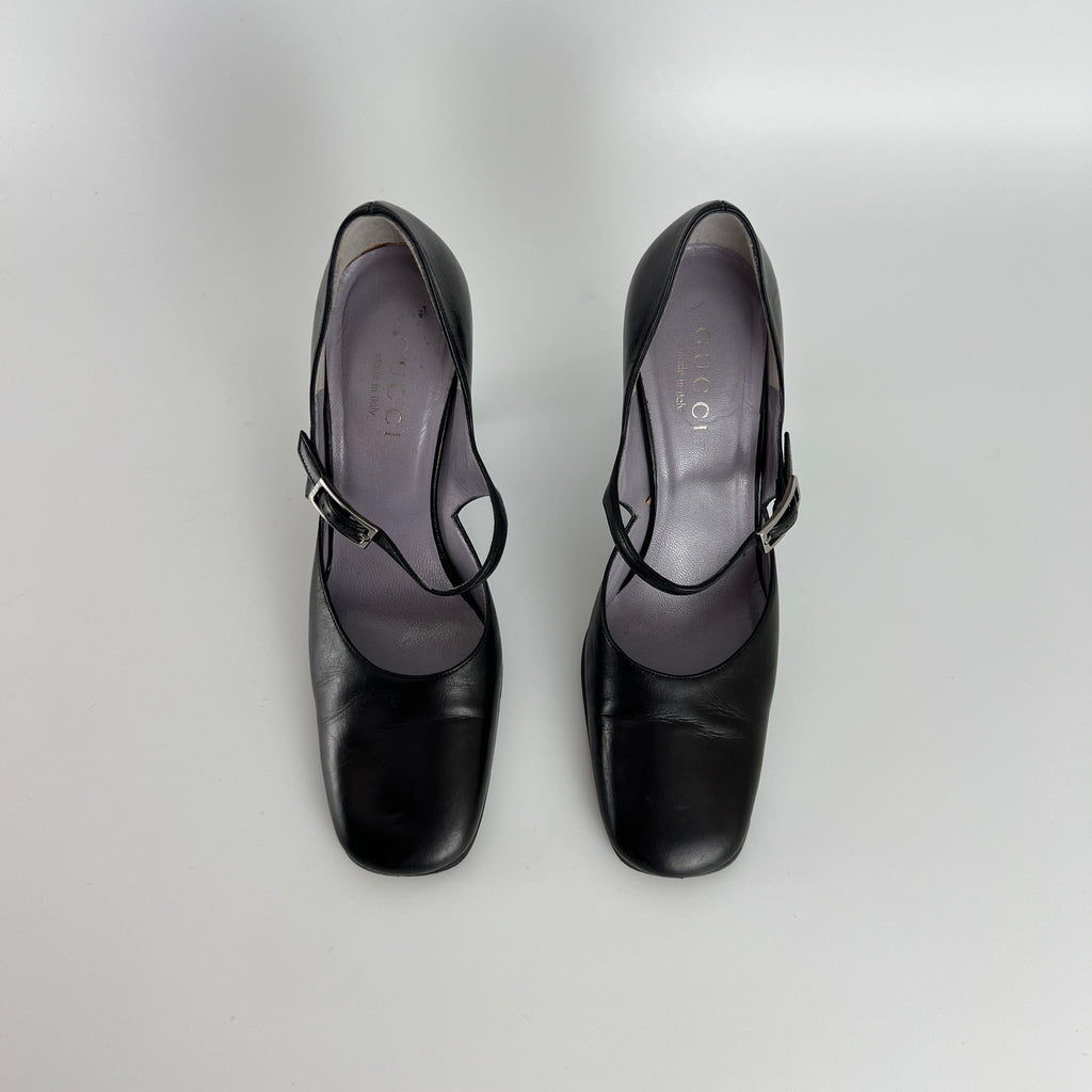 Gucci | Black Calf Leather Mary Jane Silver Buckle Heels (37C)