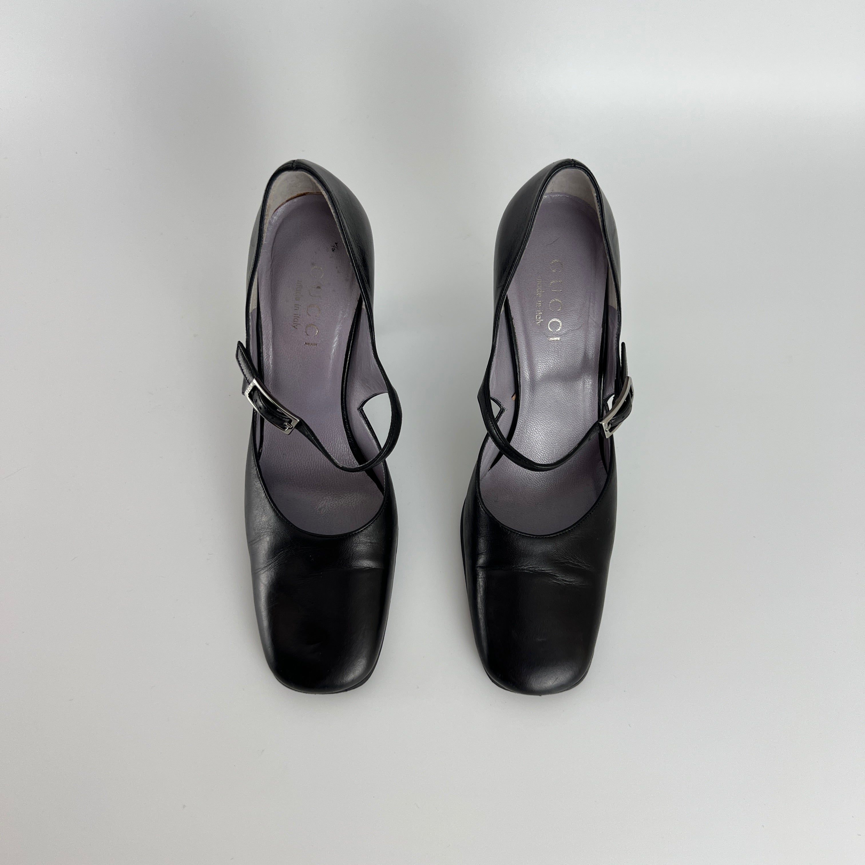 Gucci | Black Calf Leather Mary Jane Silver Buckle Heels (37C)