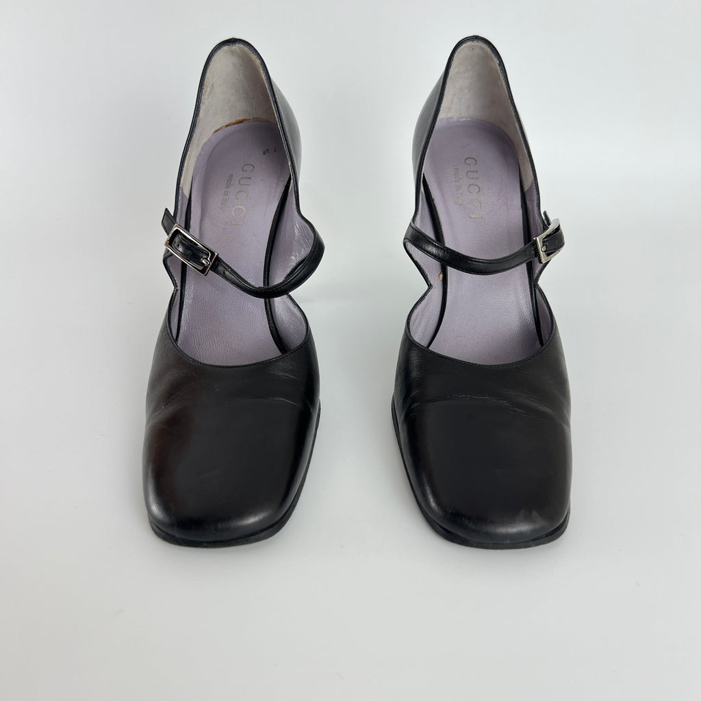 Gucci | Black Calf Leather Mary Jane Silver Buckle Heels (37C)