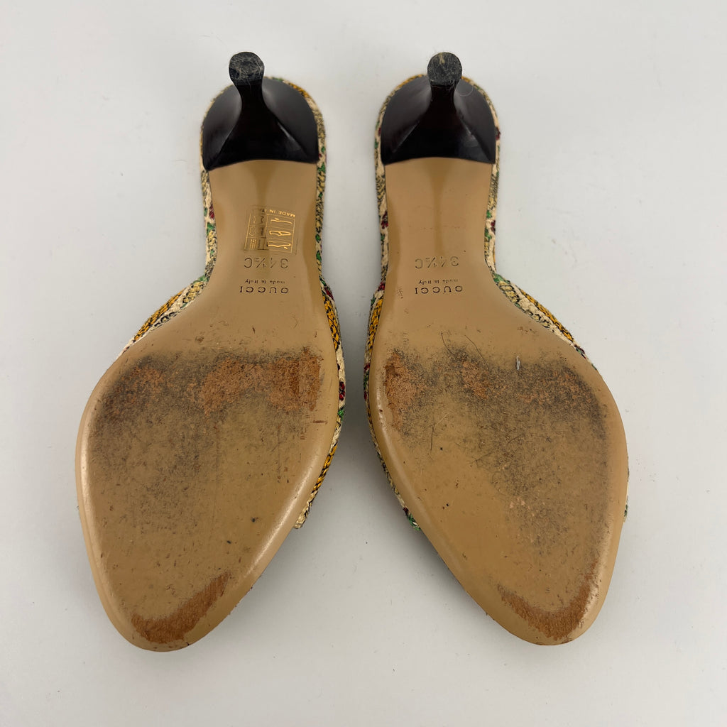 Gucci | Y2K Pigna Pineapple Tropical Gold Hardware Mid Heel Mules (34.5)