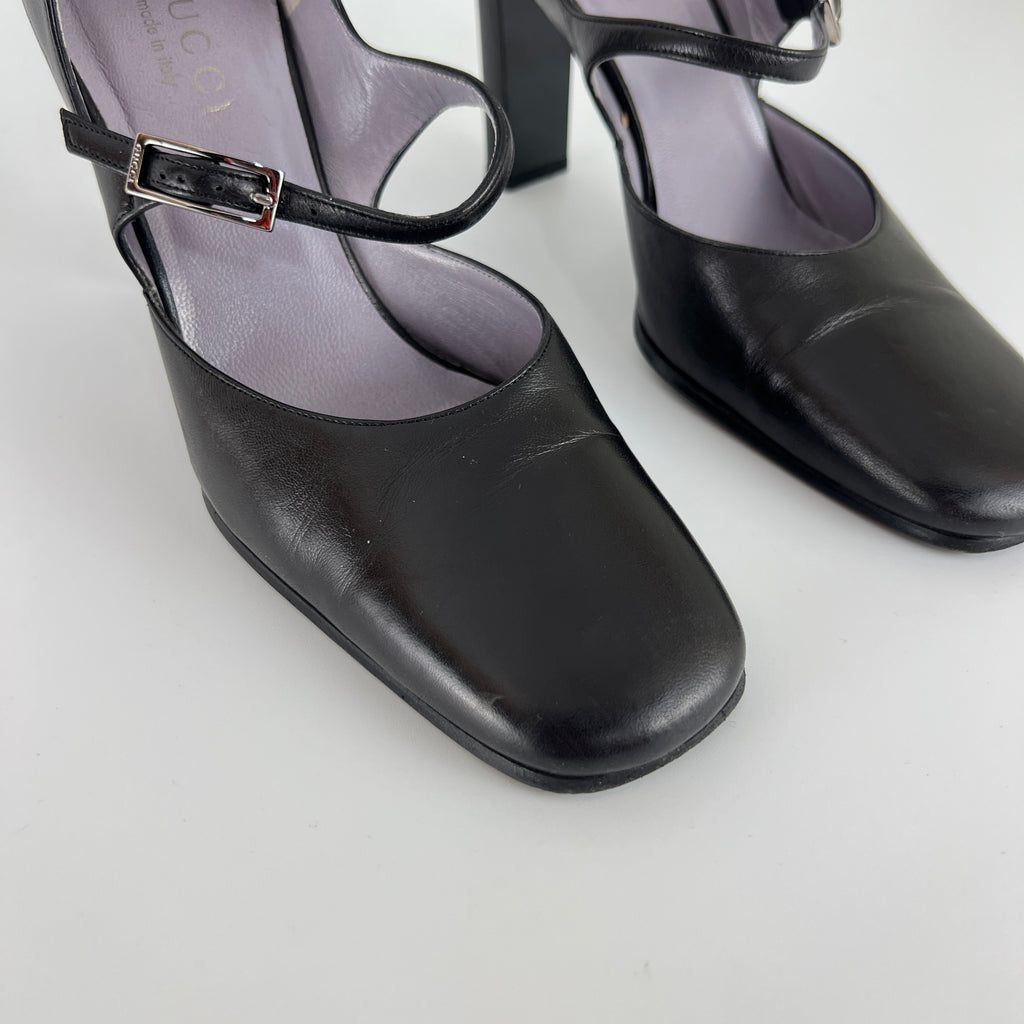 Gucci | Black Calf Leather Mary Jane Silver Buckle Heels (37C)
