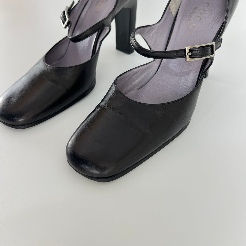 Gucci | Black Calf Leather Mary Jane Silver Buckle Heels (37C)