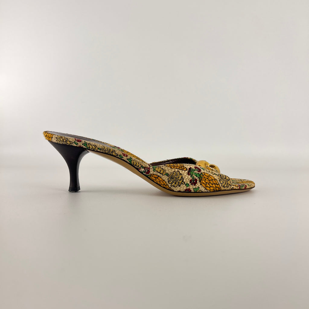 Gucci | Y2K Pigna Pineapple Tropical Gold Hardware Mid Heel Mules (34.5)