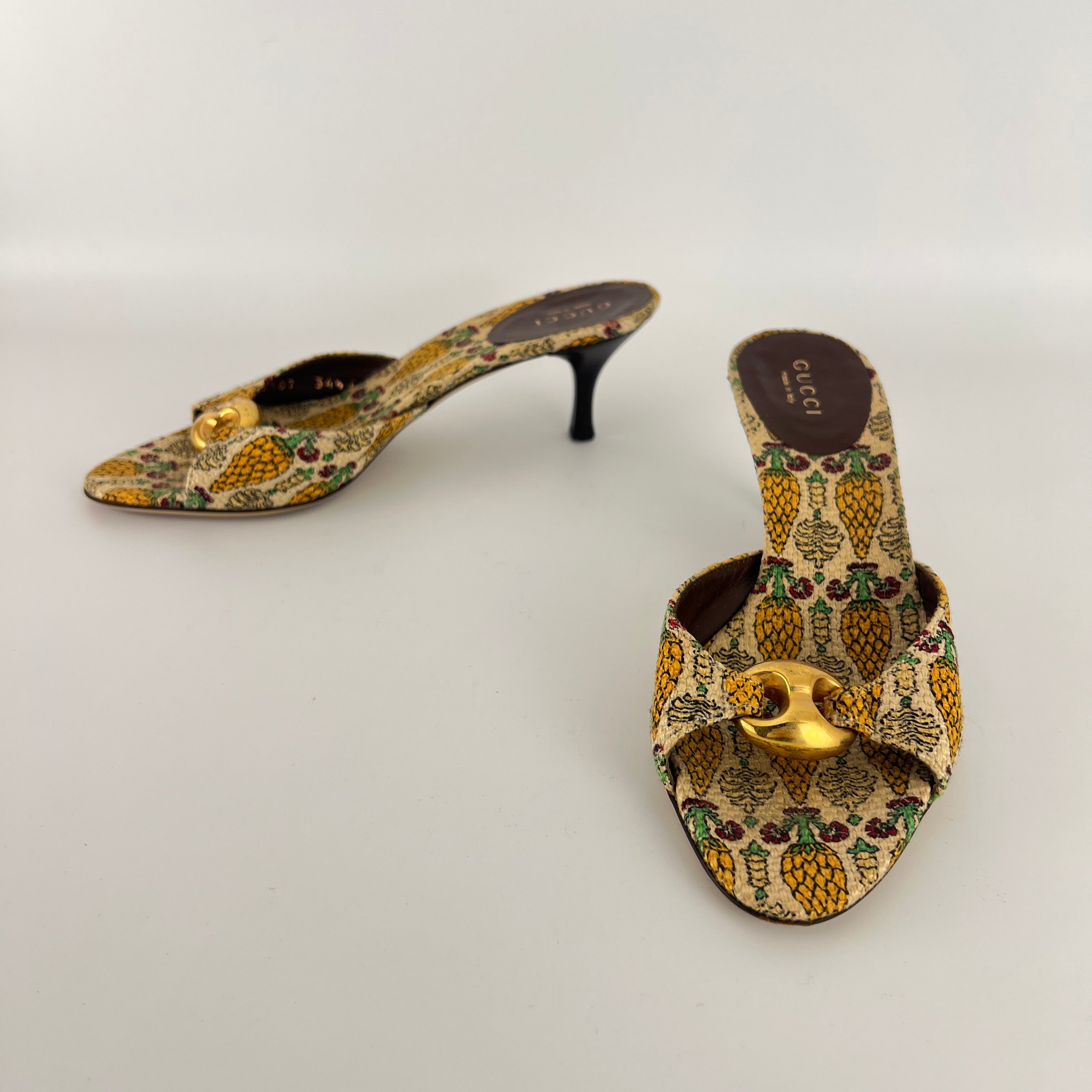 Gucci | Y2K Pigna Pineapple Tropical Gold Hardware Mid Heel Mules (34.5)