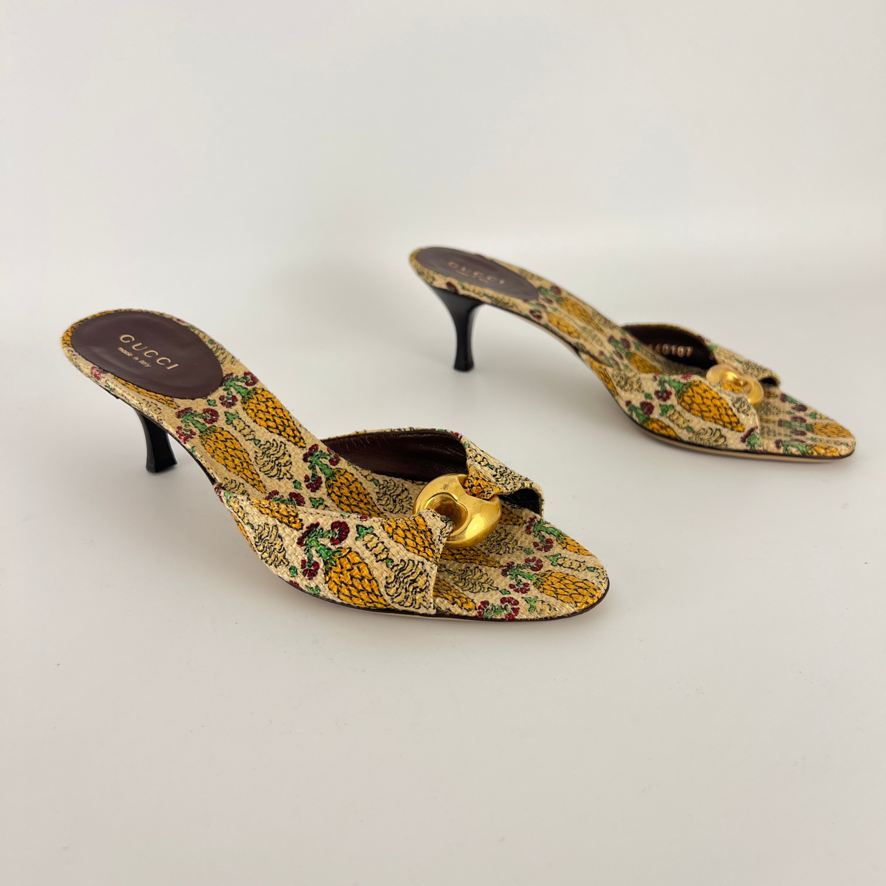 Gucci | Y2K Pigna Pineapple Tropical Gold Hardware Mid Heel Mules (34.5)