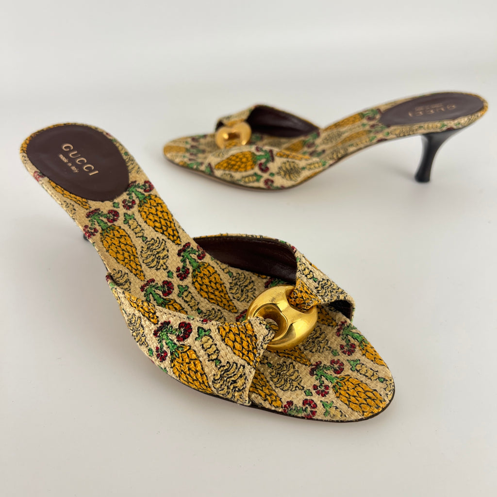 Gucci | Y2K Pigna Pineapple Tropical Gold Hardware Mid Heel Mules (34.5)