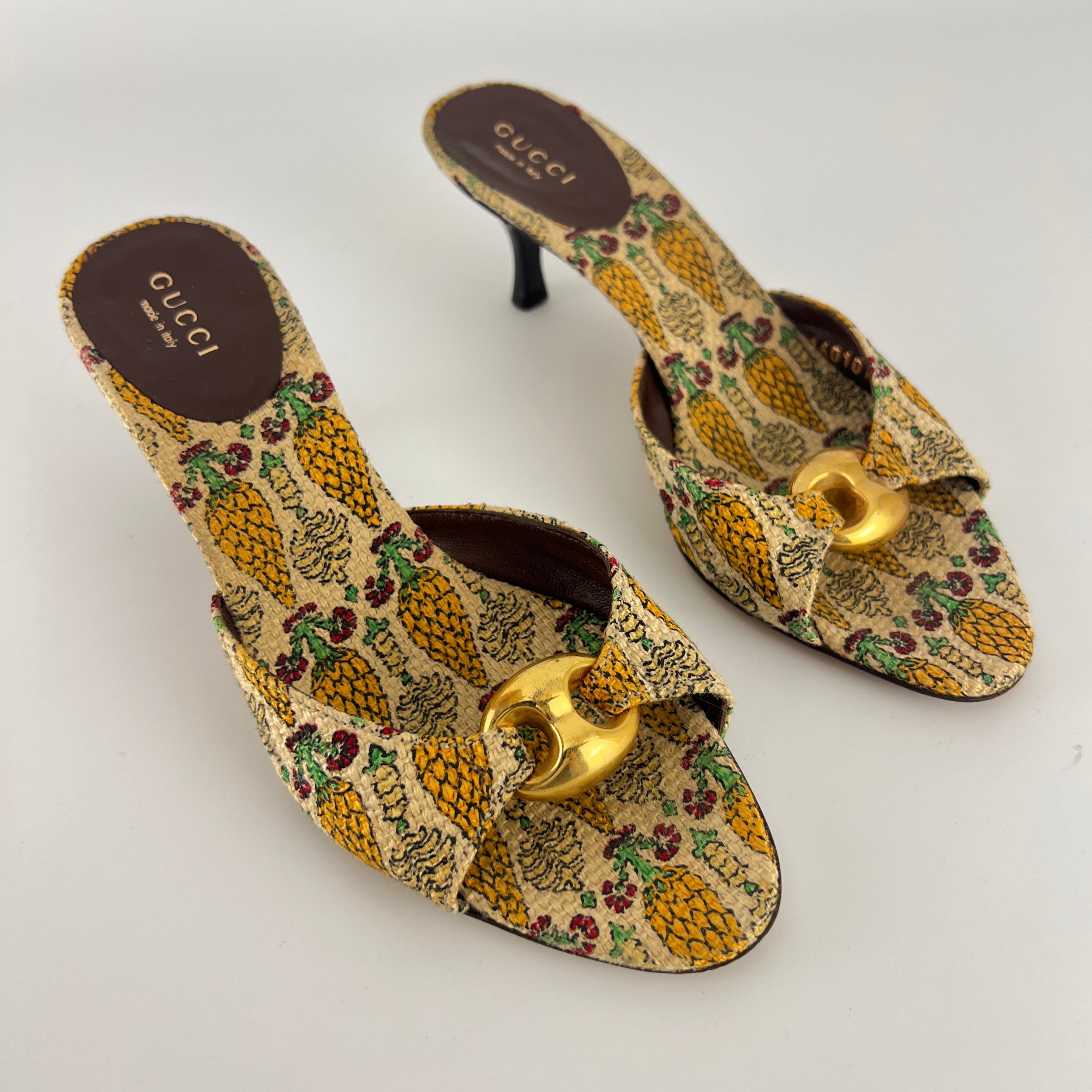 Gucci | Y2K Pigna Pineapple Tropical Gold Hardware Mid Heel Mules (34.5)