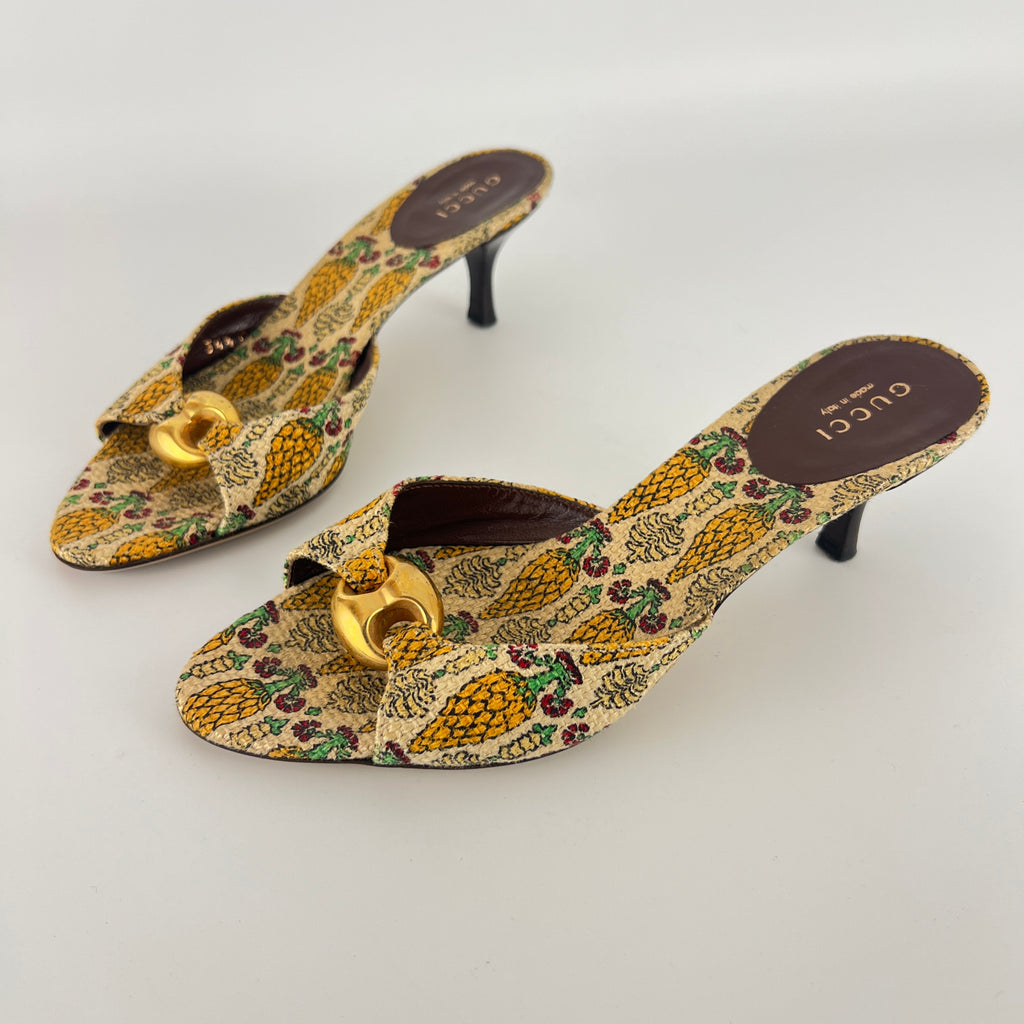 Gucci | Y2K Pigna Pineapple Tropical Gold Hardware Mid Heel Mules (34.5)