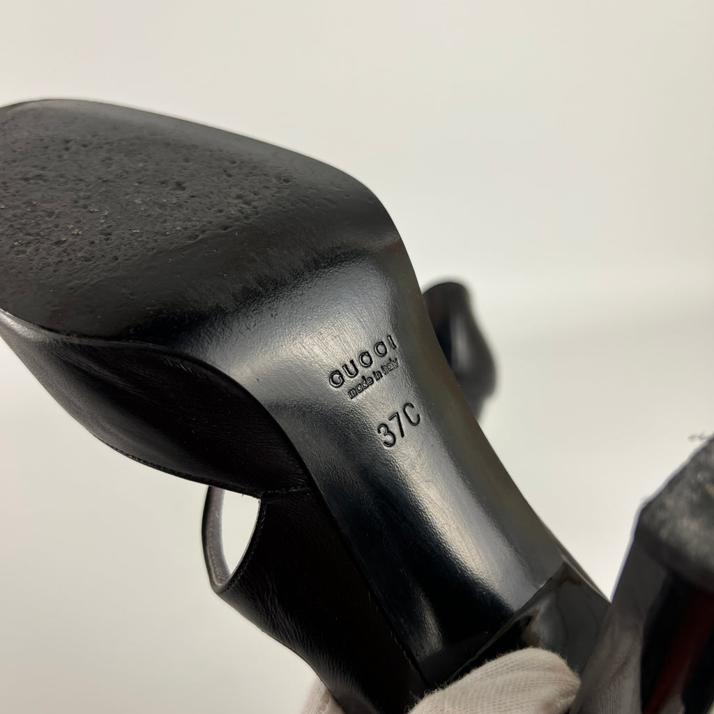 Gucci | Black Calf Leather Mary Jane Silver Buckle Heels (37C)
