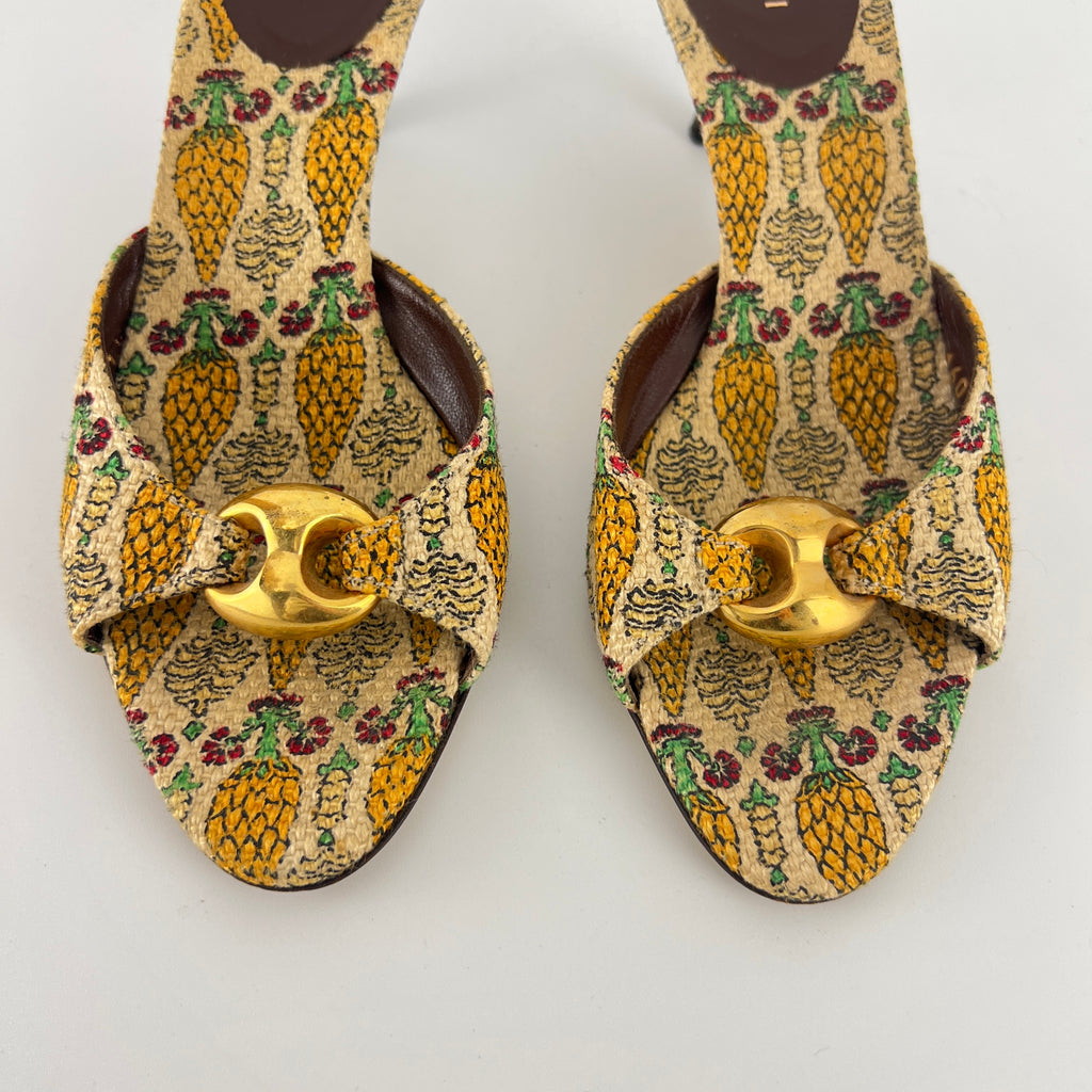 Gucci | Y2K Pigna Pineapple Tropical Gold Hardware Mid Heel Mules (34.5)