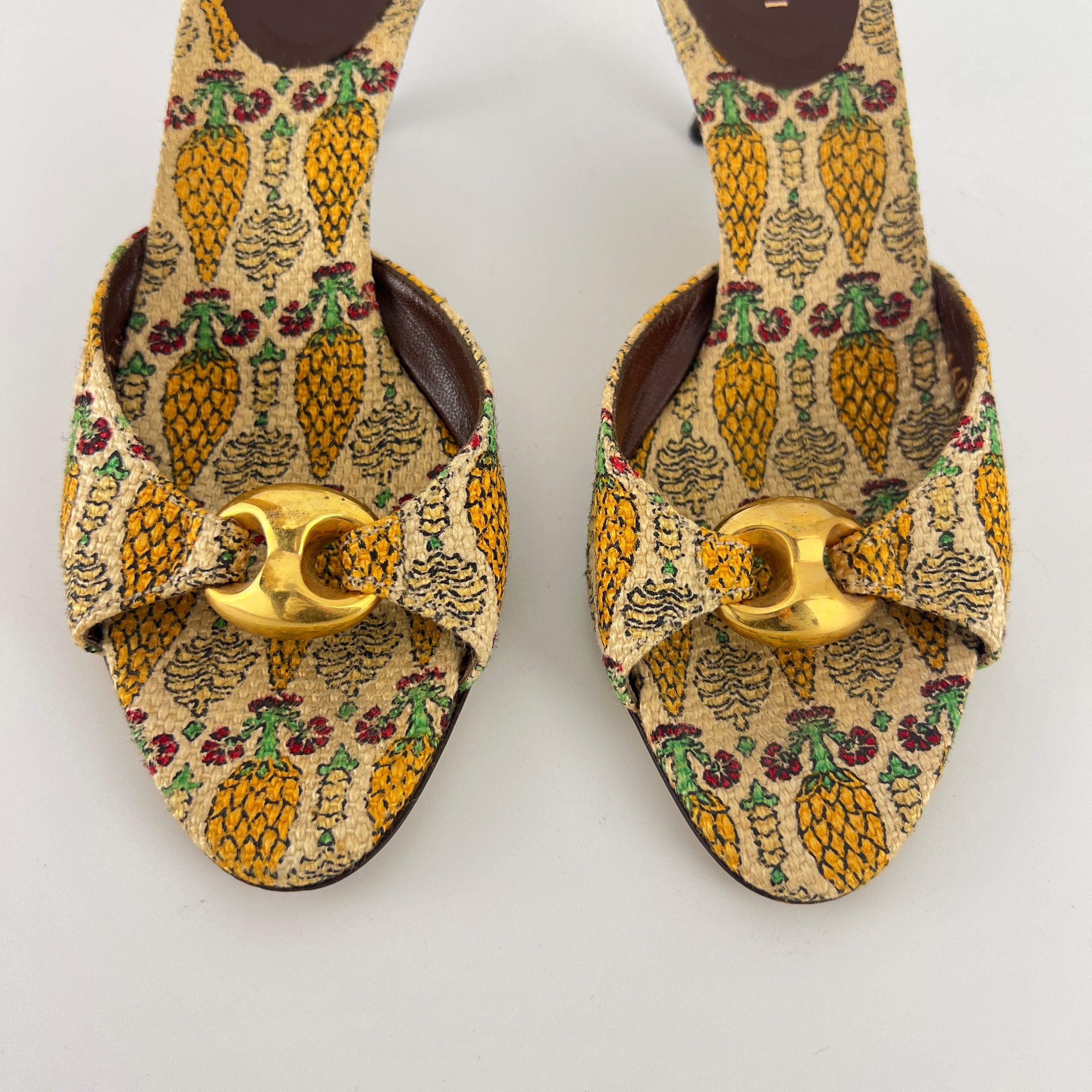Gucci | Y2K Pigna Pineapple Tropical Gold Hardware Mid Heel Mules (34.5)