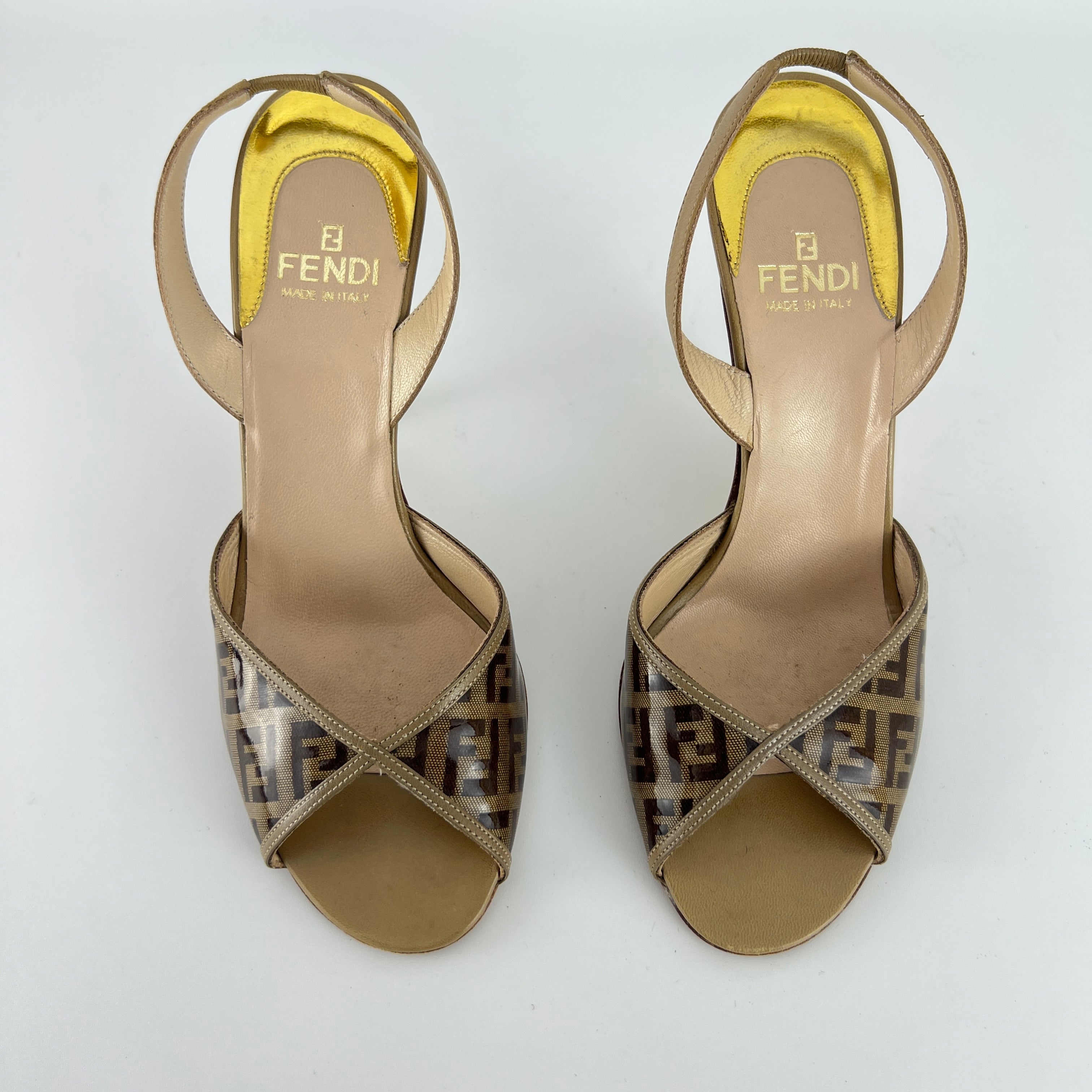 Fendi | FF Zucca Pattern Beige Gold PVC Peep Toe Slingback Heels (36)