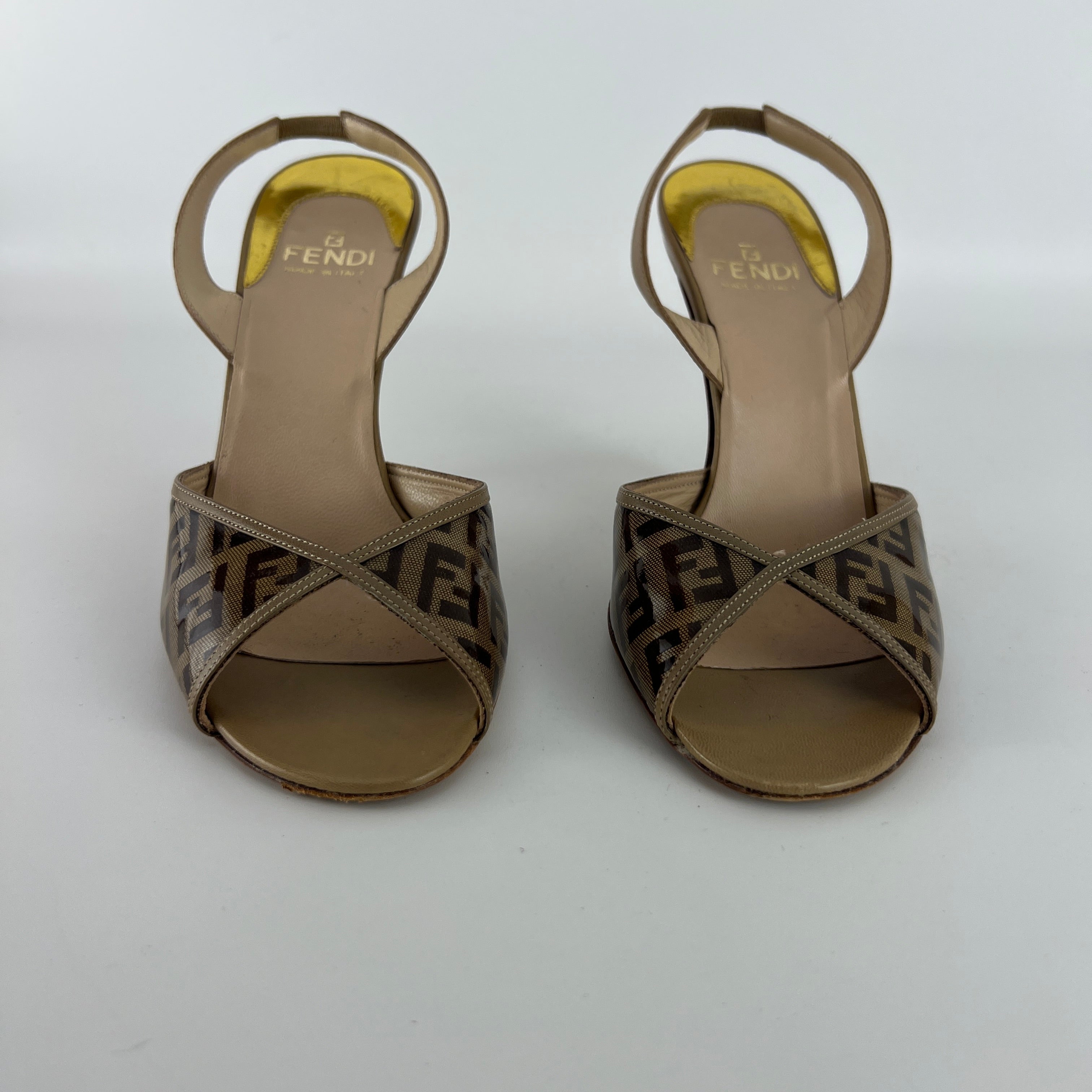 Fendi | FF Zucca Pattern Beige Gold PVC Peep Toe Slingback Heels (36)