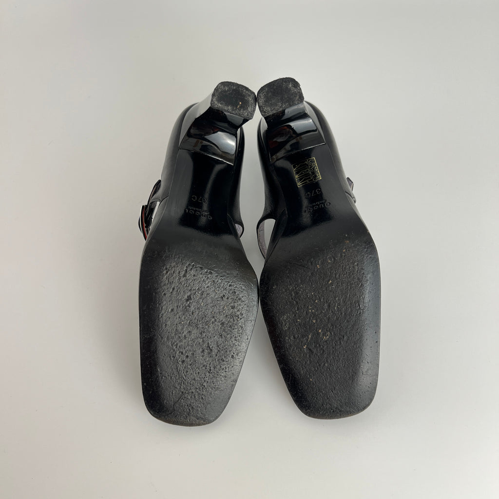 Gucci | Black Calf Leather Mary Jane Silver Buckle Heels (37C)
