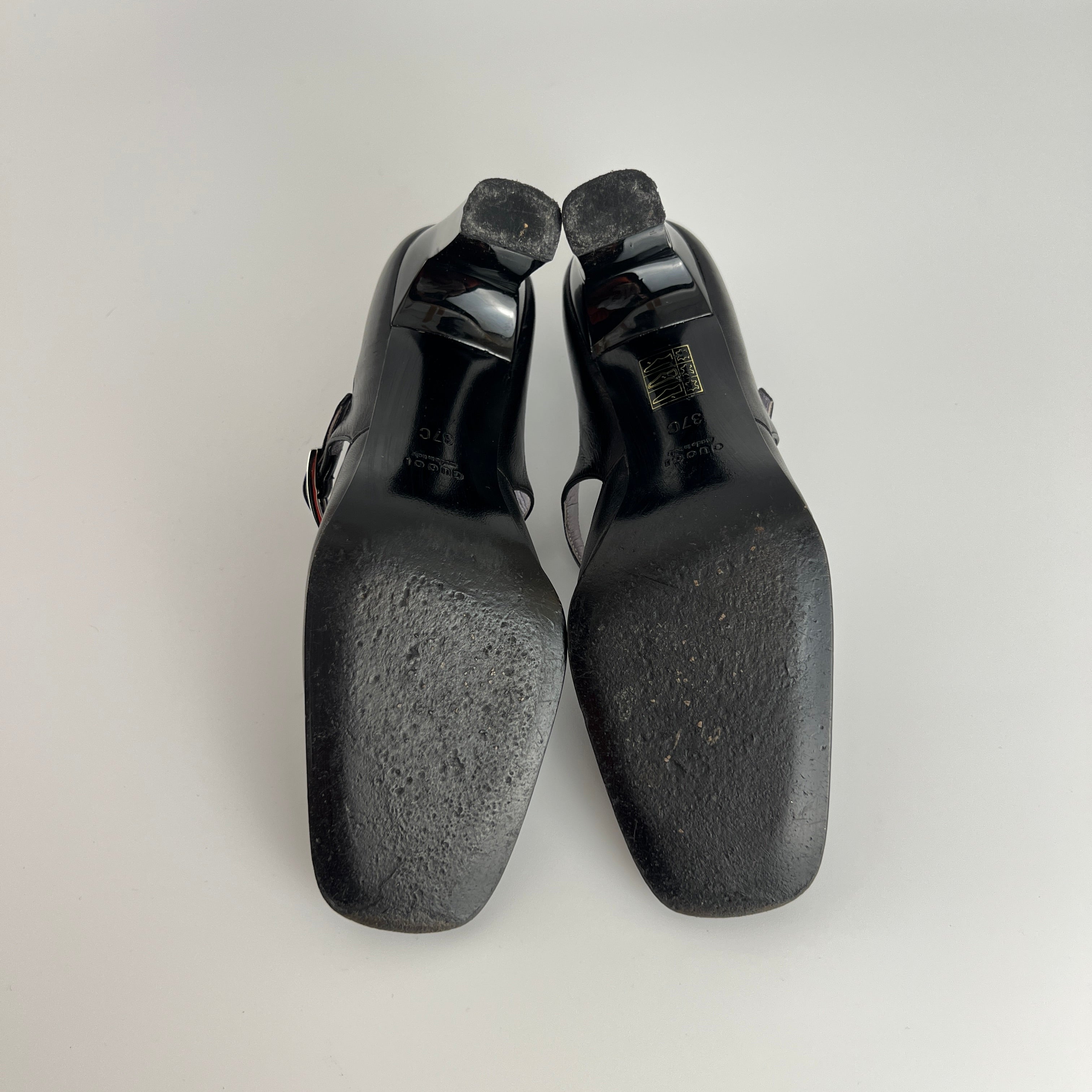 Gucci | Black Calf Leather Mary Jane Silver Buckle Heels (37C)