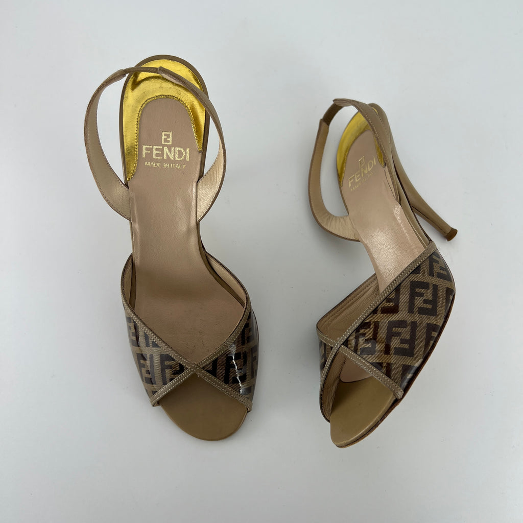 Fendi | FF Zucca Pattern Beige Gold PVC Peep Toe Slingback Heels (36)