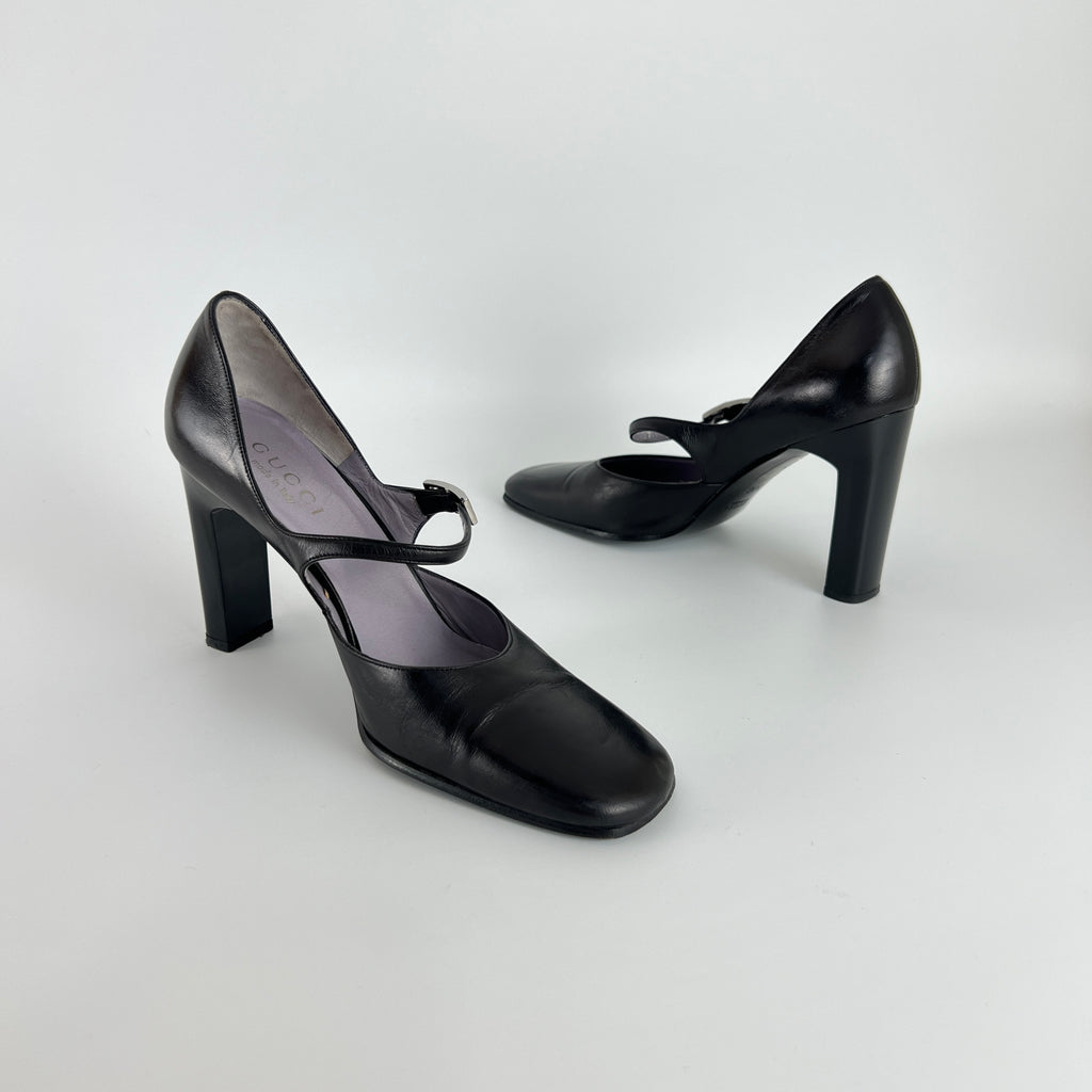 Gucci | Black Calf Leather Mary Jane Silver Buckle Heels (37C)