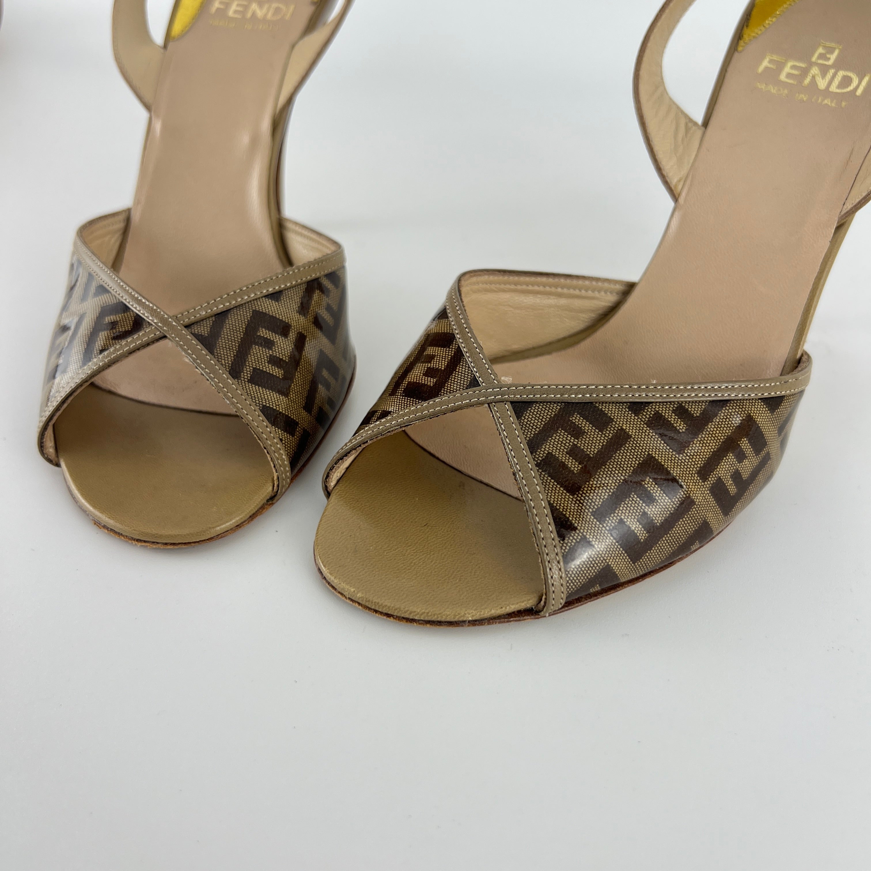 Fendi | FF Zucca Pattern Beige Gold PVC Peep Toe Slingback Heels (36)