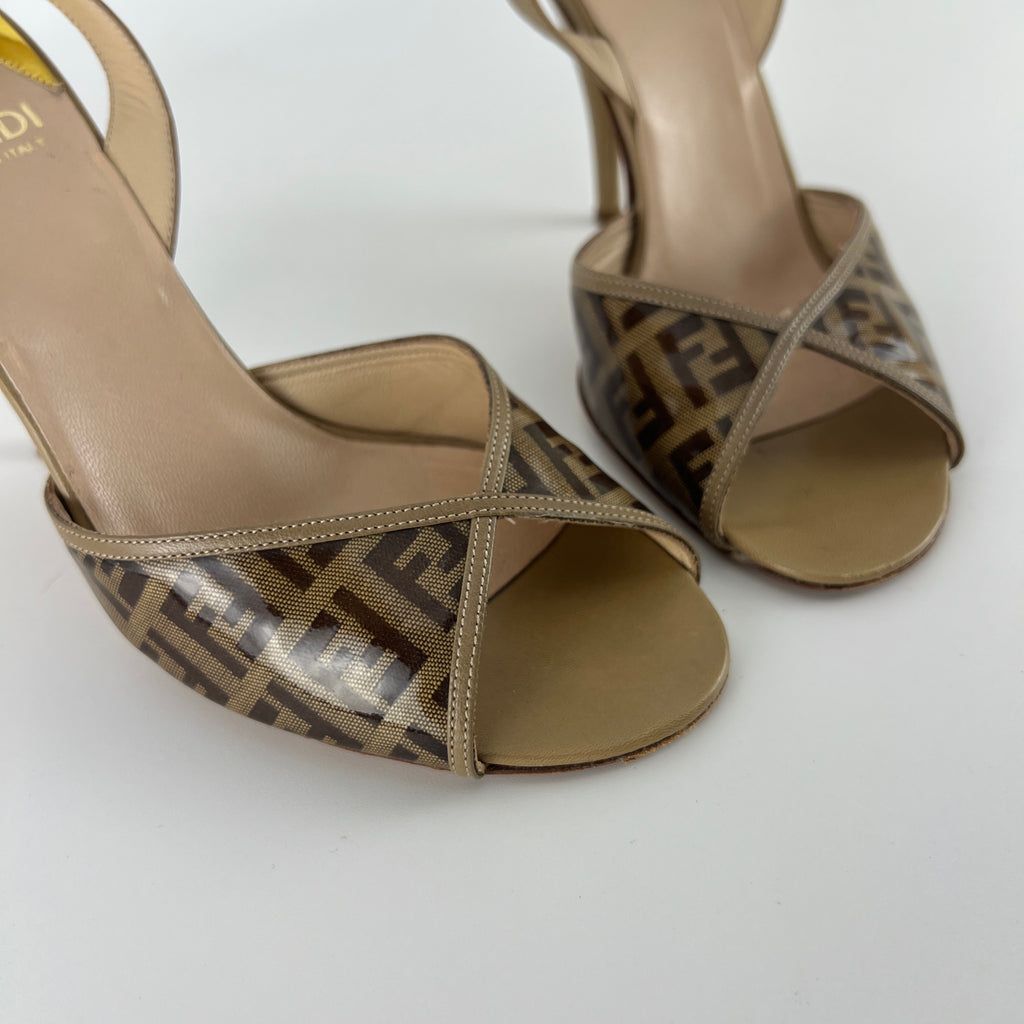 Fendi | FF Zucca Pattern Beige Gold PVC Peep Toe Slingback Heels (36)
