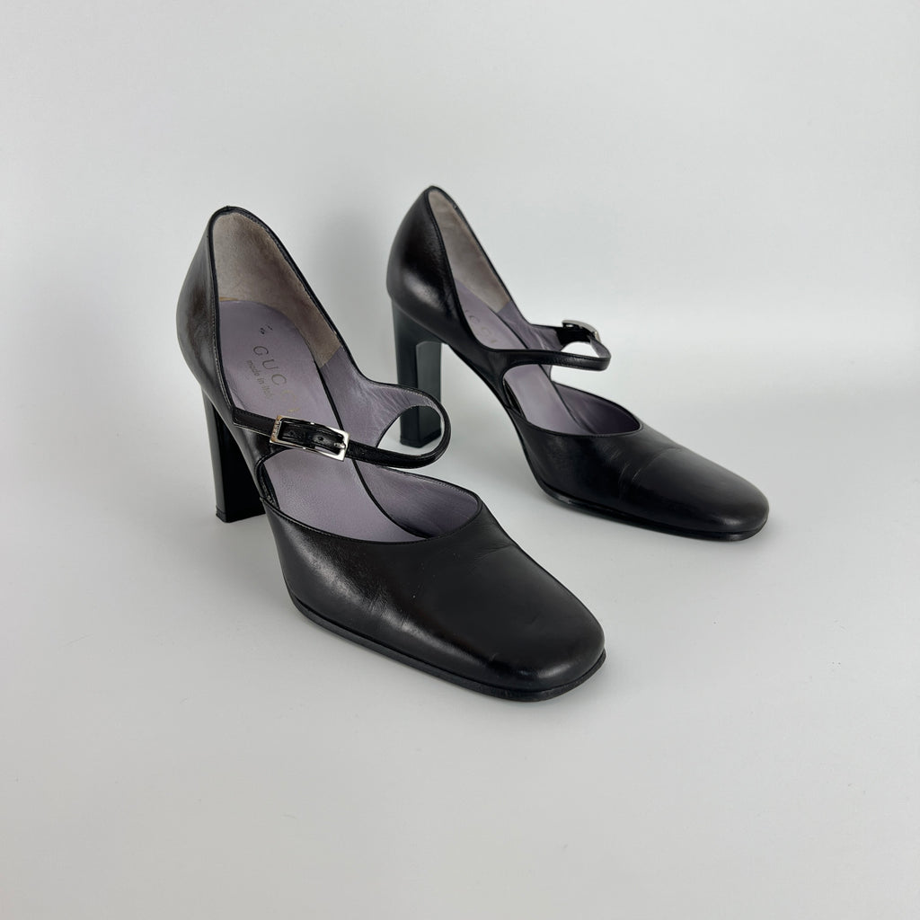 Gucci | Black Calf Leather Mary Jane Silver Buckle Heels (37C)