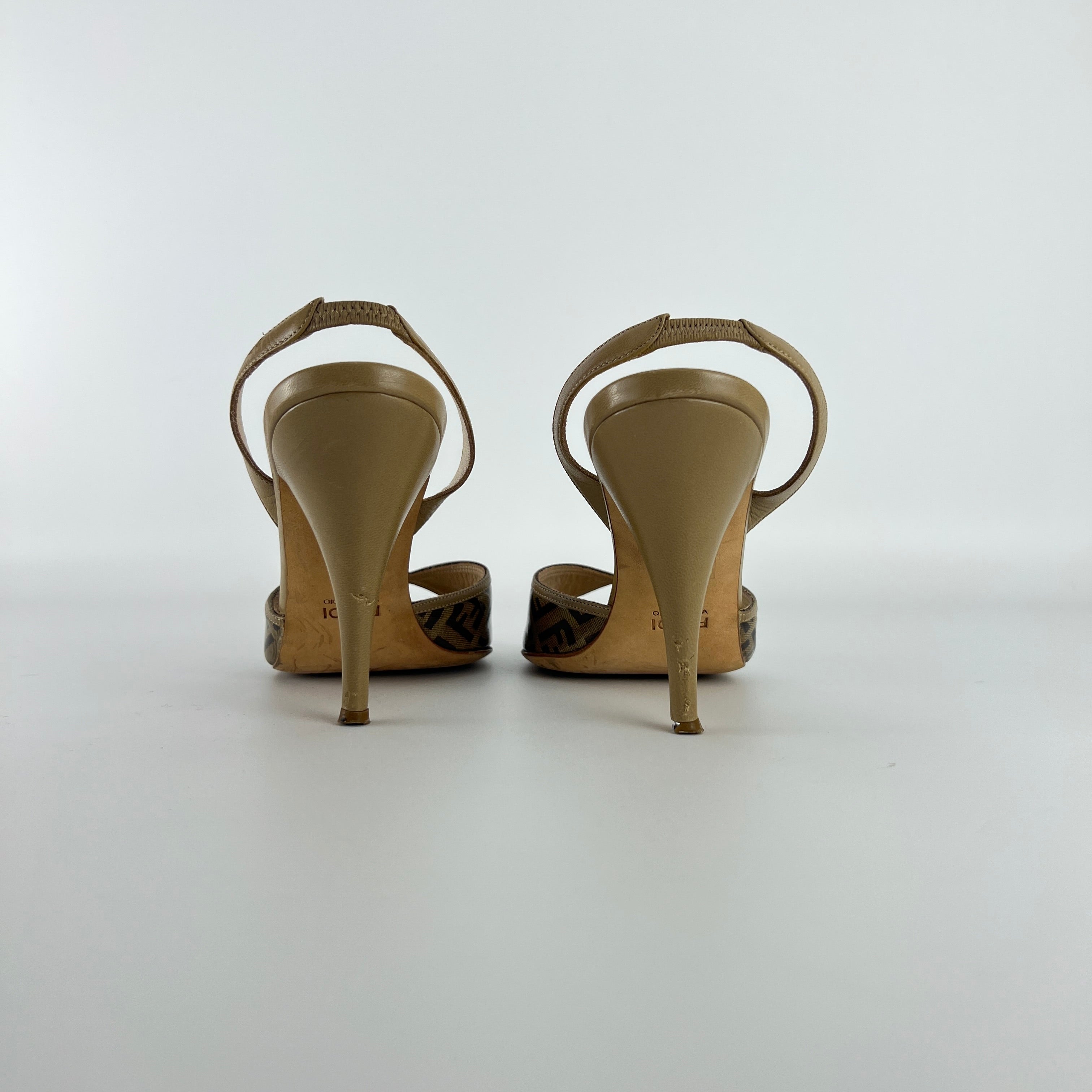 Fendi | FF Zucca Pattern Beige Gold PVC Peep Toe Slingback Heels (36)