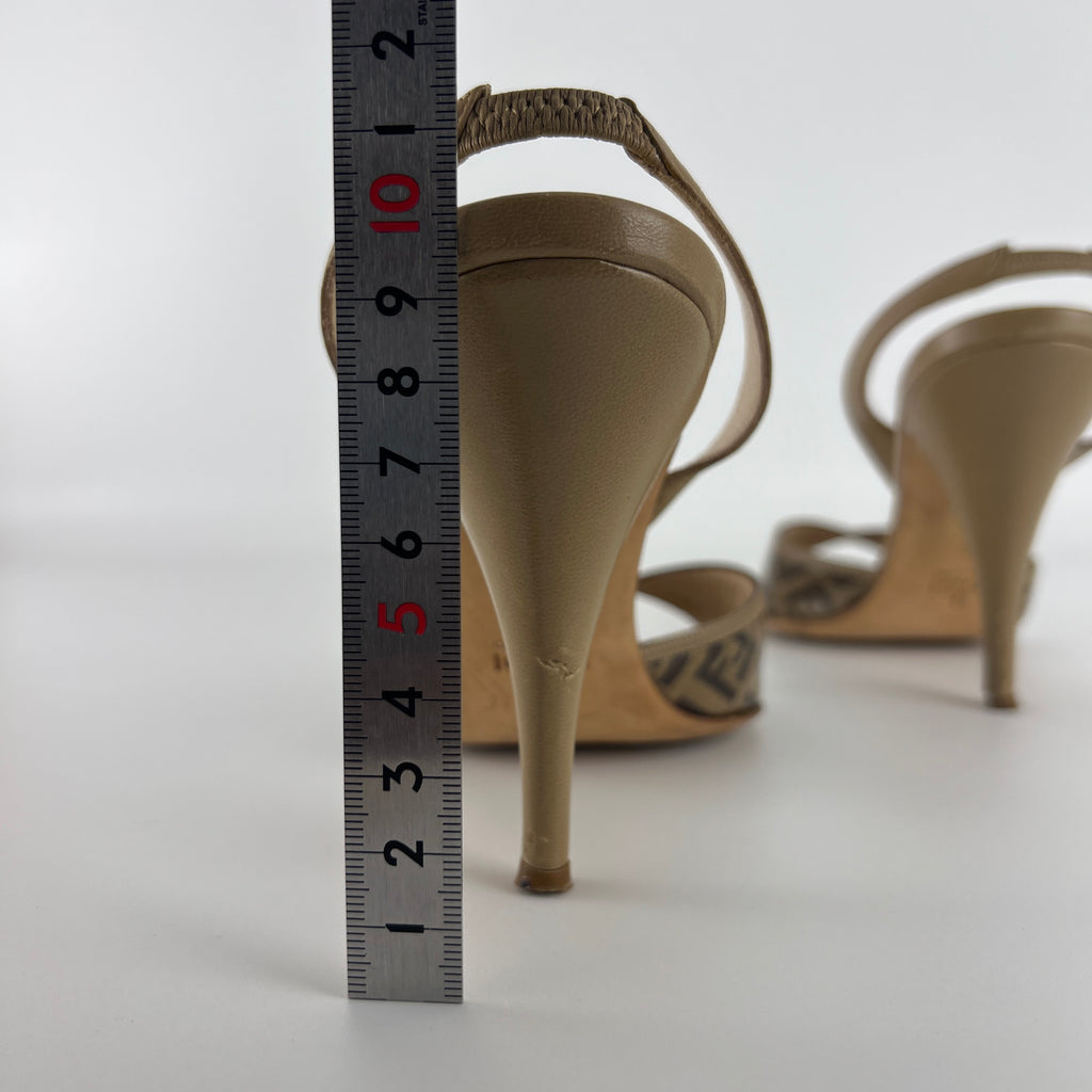 Fendi | FF Zucca Pattern Beige Gold PVC Peep Toe Slingback Heels (36)