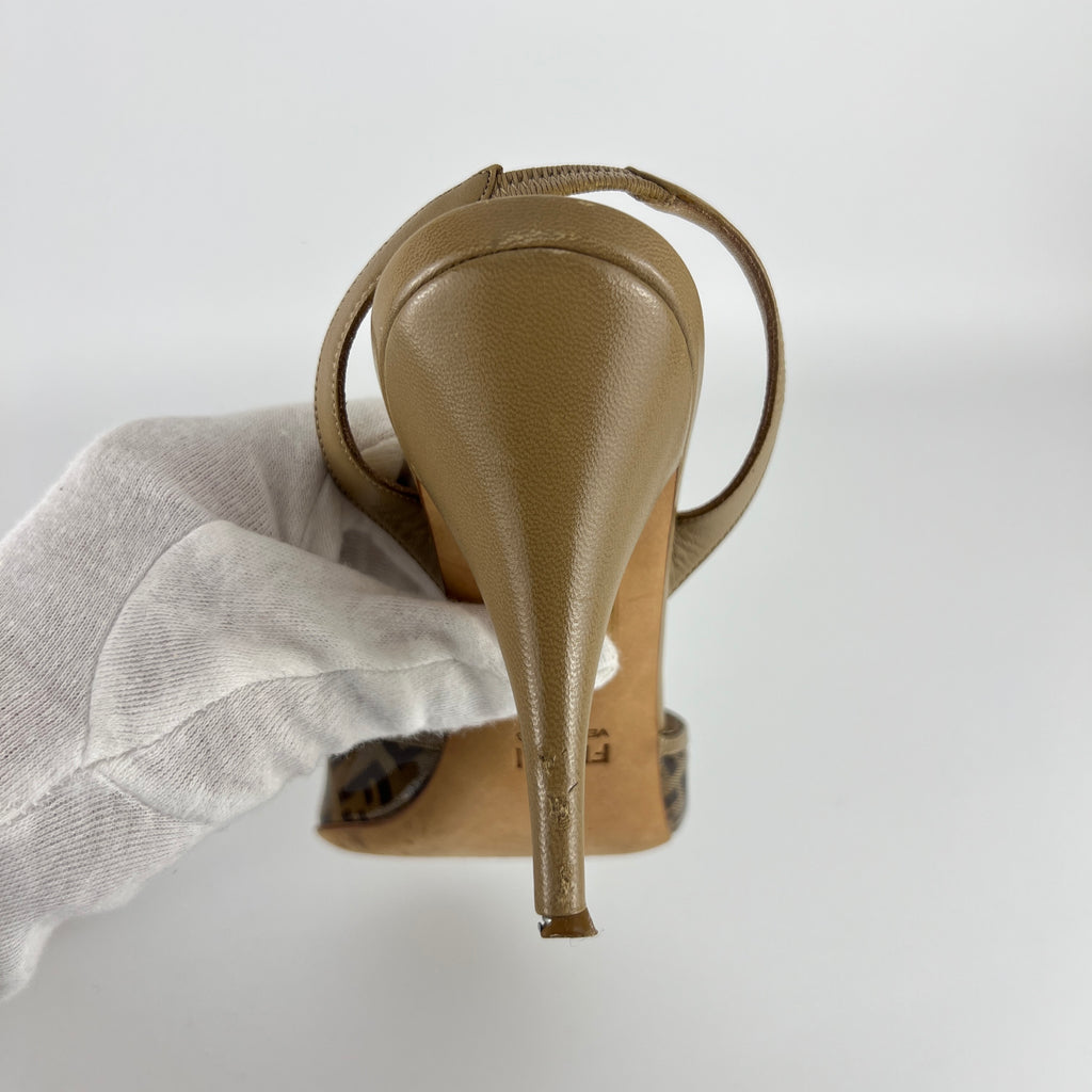 Fendi | FF Zucca Pattern Beige Gold PVC Peep Toe Slingback Heels (36)