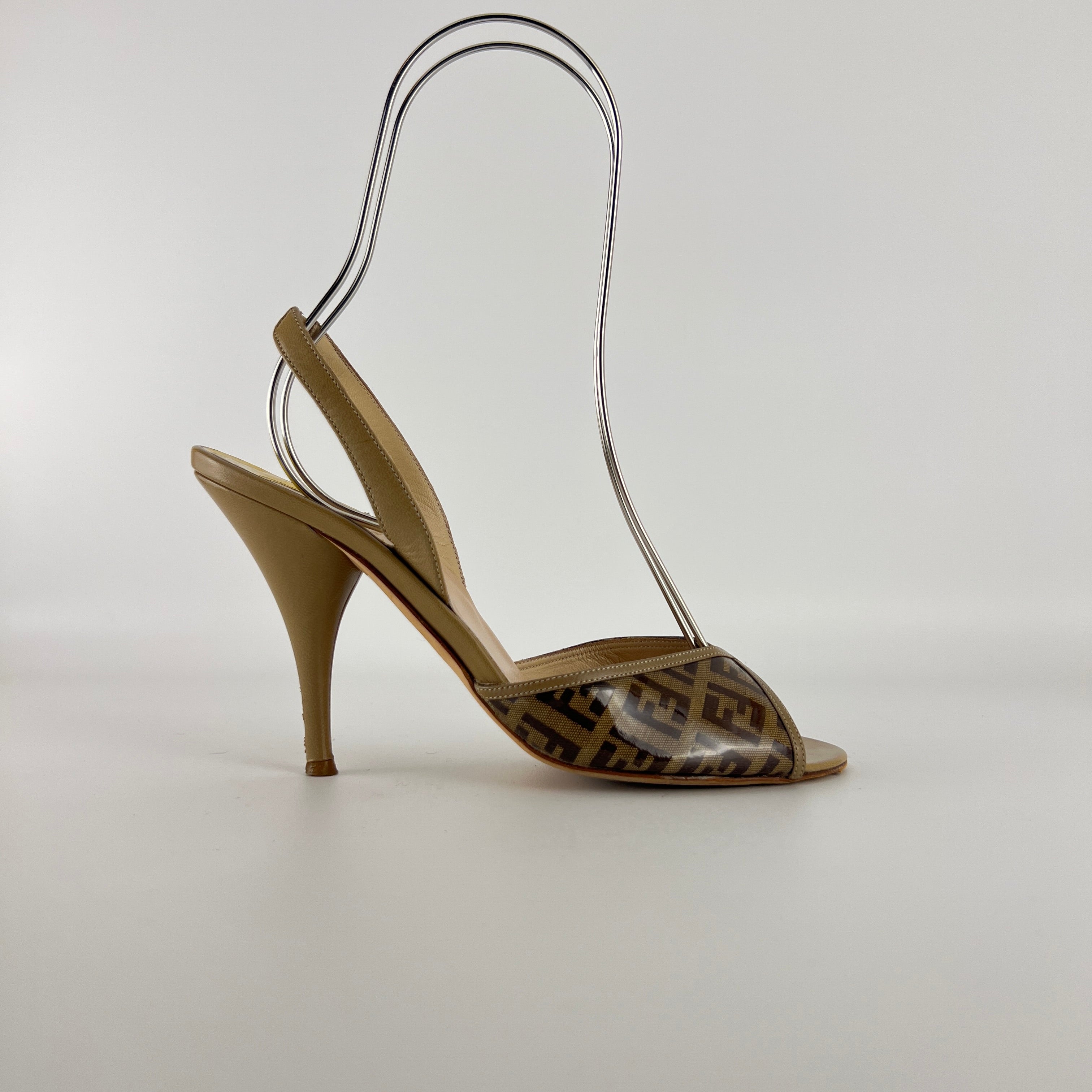 Fendi | FF Zucca Pattern Beige Gold PVC Peep Toe Slingback Heels (36)