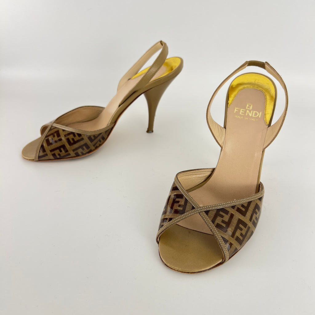 Fendi | FF Zucca Pattern Beige Gold PVC Peep Toe Slingback Heels (36)