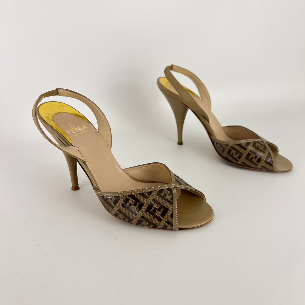 Fendi | FF Zucca Pattern Beige Gold PVC Peep Toe Slingback Heels (36)
